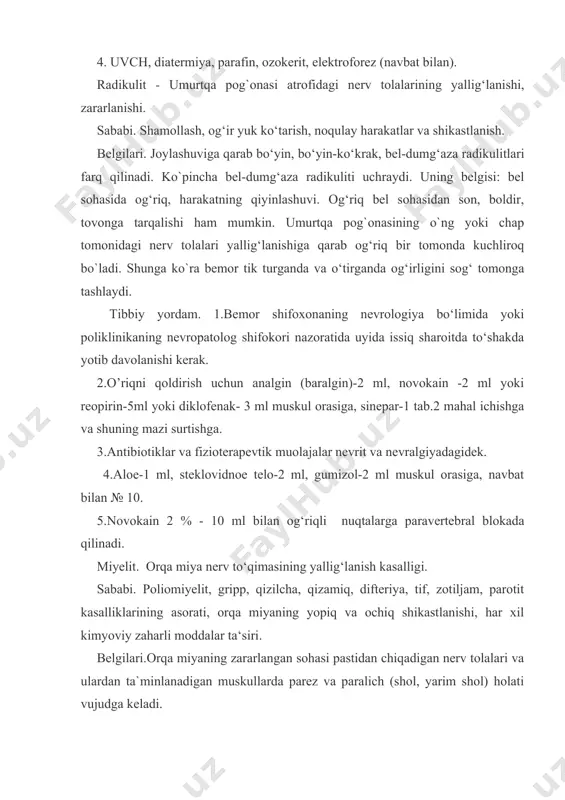 risida yotoq yaralar paydo bo‘ladi. tibbiy yordam. 1. bemor shifoxonaning nevrologiya bo‘limida davolanadi. 2. uy sharoitida quyidagi tibbiy yordam ko`rsatiladi: - bemor issiq, tekis, qattiq to‘shakka yotqiziladi; - og`riq qoldiruvchilar: analgin (baralgin) 1-2 ml, + novokain-2 ml muskul orasiga. - antibiotiklar: ampitsillin, oksatsillin, ampioks, sefazolin (bittasi) muskul orasiga; - glyukoza-40 % - 10 ml, askorbin kislota-5% - 2 ml vena tomiriga; -prozerin 1 ml teri ostiga, № 10; - vitaminlar b1, b2, b6, b12 1 ml muskul orasiga, № 10; - yotoq yaralar kvars lampasi bilan nurlantiriladi, sintomitsin emulsiyasi surtiladi; - parez va paralich bo‘lgan qo‘l-oyoq muskullarini massaj qilish. ensefalit – bosh miya nerv to‘qimasining yallig‘lanishi tufayli vujudga keladigan og‘ir kasallik. sababi. gripp, angina, otit, pnemoniya, qizilcha,qizamiq, difteriya va boshqa kasalliklarning asorati. belgilari. kuchli bosh og‘rig‘i, tana haroratining 38-40є gacha va bundan ham yuqori ko‘tarilishi, qo‘l-oyoq muskullari tarangligining ortishi, ba‘zida tirishish, nafas, yurak faoliyatining buzilishi kabi o`ta og`ir holat kuzatiladi. …
