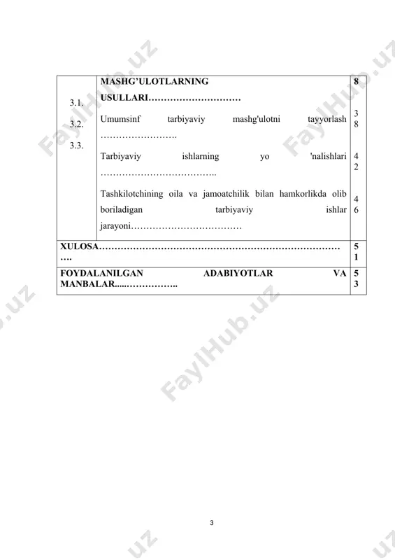 daniy dam olishlarini uyushtirish bilan bog`liq bo`lgan mashg`ulotlar kiradi. sinfdan va maktabdan tashqi ishlar har tomonlama kamol topgan inson tarbiyasining maqsad va vazifalariga muvofiq ravishda hamda o`quvchilarning tashabbuskorligiga tayanish asosida tashkil qilinadi va olib boriladi. bundan tashqari o`quvchilarning yoshi, ularning qiziqish-havaslari ishning u yoki bu turiga tayyorgarlik darajalari hisobga olinadi. buni ayniqsa ishning mazmuni va usulini belgilashda hisobga olish muhim ahamiyatga ega. sinfdan va maktabdan tashqi ishlar o`quvchilarning kuchiga yarasha va ular uchun qiziqarli bo`lishi kerak. sinfdan va maktabdan tashqi ishlar o`quvchilar tashkilotlari hamda otaonalarjamoasiyordamiga suyangan holda olib boriladi. respublikamizda bugungi kunda jami 7104 ta maktabgacha ta’lim muassasasi faoliyat yuritadi. ulardan 5604 tasi (79%) – davlat, 63 tasi idoraviyva 1437 tasi (21 %) – nodavlat muassasalardir. 3-7 yoshdagi bolalarning umumiy sonidan (2,5 mln) 932 310 nafari (37,7 %), shundan shaharlarda 500 236 nafari (20,2 %) va qishloq joylarida 432 074 nafari (17,4 %) maktabgacha ta’lim bilan qamrab olingan. umuman, mamlakat …