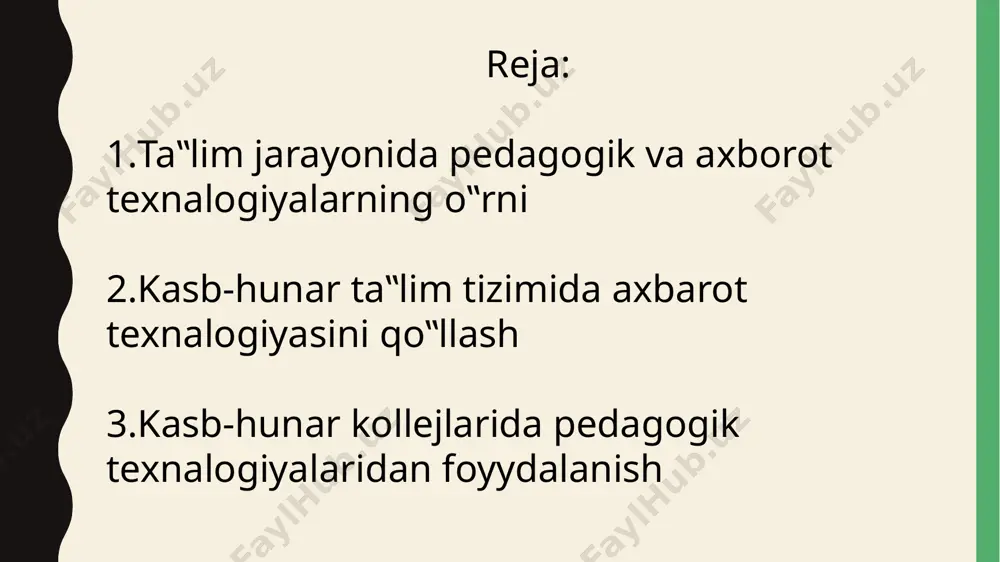 y bog’iqligi. 3. samaradorligi, ta‘lim standartlariga erishishni kafolatlash, sarflash talab qilinadigan vaqt, kuch va vositalarning me‘yor darajasida ekanligi. 4. bu texnologiyalarning boshqalar tomonidan qayta amalga oshirish mumkinligi bilan belgilash mumkin. ushbu jarayonda ishtirok etuvchi o’qituvchilar va o’quvchilar yuqorida bildirilgan texnologiyalarga amal qilingandagina ta‘lim texnologiyalarining samaradorligi oshadi. shunday qilib, o’quvchilarning bilish ijodiy faolligini faollashtirishning didaktik sharoitlari pedagogik o’qitish texnologiyasi doirasida nazariy bilimlarni o’zlashtirish jarayoni, o’quv fani loyihasini yaratilishi va amalga oshirilishi sharoitda ro’yobga chiqishi mumkin. o’quvchilarning bilish ijodiy faoliyatini faollashtirishning didaktik sharoitlari va texnologiyasi maqsadlariga erishish vositasi bo’ladi. ko’rgazmalilik o’qitish vositalari va o’qitishning texnik vositalari orqali amalga oshiriladi. o’qitish vositalari turlicha bo’lib, ularni quyidagi guruhlarga bo’lish mumkin: • hajmli tabiiy ob‘ektlar: tog’ jinslari, o’simliklar, mashinalar, mashina qismlari, detallar, materiallar; • ob‘ektlarning tasviri. e’tiboringiz uchun rahmat! image1.png image2.png image3.png /docprops/thumbnail.jpeg