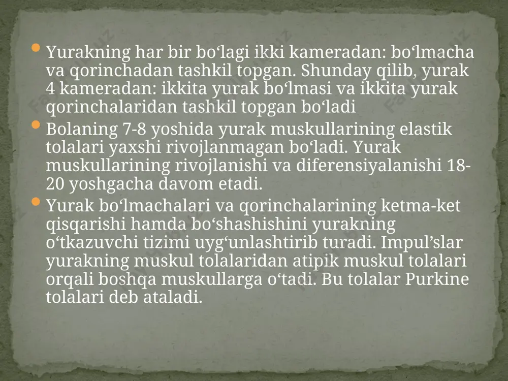 esendens aortae) iv ko‘krak umurtqasi sohasidan boshlanib, iv bel umurtqasi sohasida o‘ng va chap umumiy yonbosh arteriyalariga bo‘linadi. bo‘lingan joyi bifurcatio aortica deb ataladi. aortaning davomi esa ingichka dumg‘azaning o‘rta arteriyasiga (a.sacralus mediana) aylanib, dumg‘azaning chanoq yuzasidan pastga tomon yo‘naladi. aortaning pastga tushuvchi qismi o‘z navbatida ko‘krak va qorin qismlariga ajratiladi. aortaning ko’krak qismi (pars thoracica aortae) ko’krak qafasida orqa ko‘ks oralig‘ida joylashadi. dastlab u qizilo‘ngachning old va chap tomonida yotadi. viii-ix ko‘krak umurtqalari sohasida qizilo‘ngachni chap tomonidan aylanib uning orqa tomoniga o‘tadi. aortaning qorin qismi (pars abdominalis aortae) diafragmaning aorta teshigidan o‘tgan joyda xii ko’krak umurtqasi sohasidan boshlanib bel umurtqalarining old tomonida yotadi. ko‘krak aortasining visseral tarmoqlari 1.bronx tarmoqlari (rr.bronchiales) 2-3 ta bo‘lib, bronxlar devorini va o‘pka to‘qimasini qon bilan ta’minlaydi. 2.qizilo‘ngach tarmoqlari (rr.esophageales) 1-5 ta bo‘lib, aortaning turli sohalaridan boshlanib, qizilo‘ngach devorini qon bilan ta’minlaydi. 3.perikard tarmoqlari (rr.pericardiaci) perikardni qon bilan ta’minlaydi. 4.ko‘ks oralig‘i tarmoqlari (rr.mediastinales) orqa ko‘ks …