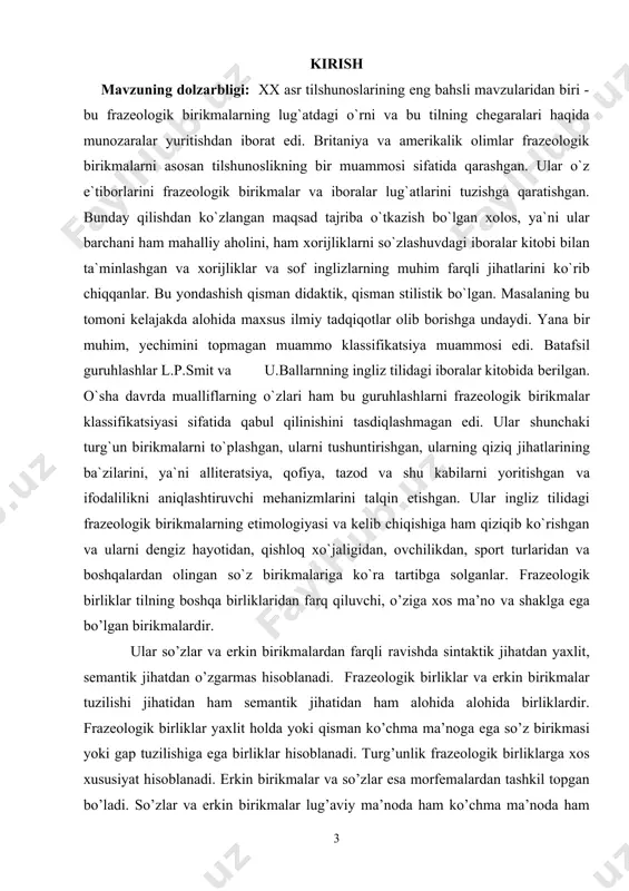 ega tilda nominativ va kommunikativ funksiya bajaruvchi birliklardir. frazeologizmlar unversal til vositalari hisoblanib, ularsiz til mavjud emas. kurs ishining maqsadi: ona tili darslarida frazeologik birliklarning o‘rganilishi va o‘rgatilish jarayonini tahlil qilish, ularning o‘quvchilarning til boyligini rivojlantirishdagi o‘rnini aniqlash hamda samarali o‘qitish usullarini ko‘rsatib berish. kurs ishining vazifalari: 1. frazeologik birliklar haqida nazariy ma’lumotlarni o‘rganish. 2. frazeologizmlarning turlari va xususiyatlarini tahlil qilish. 3. maktab darslarida frazeologik birliklarni o‘qitish usullarini o‘rganish. 4. dars ishlanmalari orqali frazeologizmlarni o‘rgatishning amaliy jihatlarini ko‘rsatish. 5. o‘quvchilarda til madaniyati va ifoda imkoniyatlarini rivojlantirish yo‘llarini aniqlash. kurs ishining obyekti: o‘rta maktabdagi ona tili darslari jarayonida frazeologik birliklardan foydalanish. kurs ishining predmeti: frazeologik birliklarni o‘rgatishning metodik asoslari va ulardan dars jarayonida foydalanish usullari. kurs ishining tuzilishi: kirish, 2 bob, 4 paragraf, xulosa va foydalanilgan adabiyotlar iborat. i bob. frizeologik birliklar va ularning shakllanish 1.1. frazeologiya haqida umumiy ma’lumot frazeologiya tilshunoslik sohasining bir qismi hisoblanib, grekcha ―pharsis‖ (fraza) ―logos (ta‘limot) …