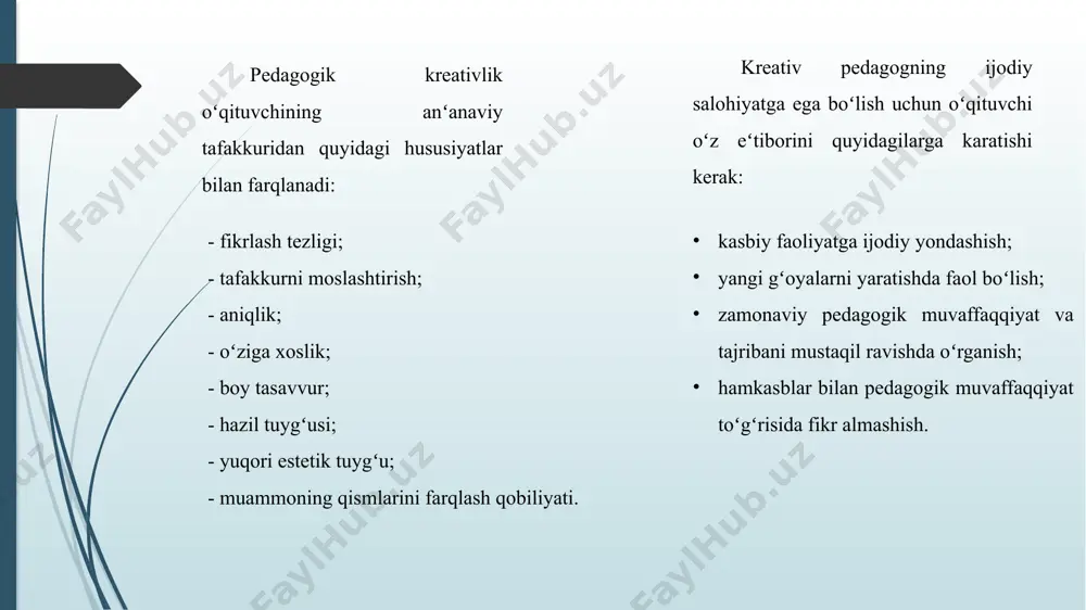 hdir. bu shuni anglatadiki, talabaning ilmiy-tadqiqot ishida asosiy diqqat maʻlumotni ikkilamchi tadqiq etishga (maʻlum bir masalani olimlarning ishlari va fikrlari boʻyicha oʻrganish) emas, balki haqiqiy obʻektlar, vaziyatlar va hodisalarni, yaʻni tadqiqotning oʻquv obʻekti sifatida oʻrganishga qaratilishi kerak. axborot-kommunikatsiya texnologiyalari asrida bu yangi texnik asosda zarur shaxslararo aloqa va oʻqituvchining talaba bilan bevosita aloqasi tamoyilini kuchaytirish. shunday qilib, ilmiy-texnikaviy taraqqiyotning zamonaviy bosqichi, ilmiy-texnikaviy axborot, kompyuter texnologiyalari, global miqyosdagi axborot va telekommunikatsiya tarmoqlarining oʻsishi bilan tavsiflangan boʻlib, zamonaviy shaxsning hayoti va mehnatiga ijodiy tayyorgarlikni talab qiladi. shu sababli, inson ularga butun taʻlim va tarbiya tizimi tomonidan tayyorlanishi kerak. bu obʻektiv ravishda butun taʻlim tizimini hayot talablariga muvofiqlashtirishni talab etadi. xulosa qilib shuni taʻkidlash kerakki, hozirgi vaqtda talabaning shaxsiy va kasbiy faoliyatini yaxshilash uchun bilim olishga boʻlgan extiyoj va qiziqishlari oʻquv jarayonini ijodiy yondashuv asosida tashkil etish muhimdir. oʻqitish jarayonini tashkil etishda oʻqituvchining ijodiy yondashuvi talabalarni ragʻbatlantiradi. oʻquv jarayonini ijodiy yondashuv asosida tashkil …