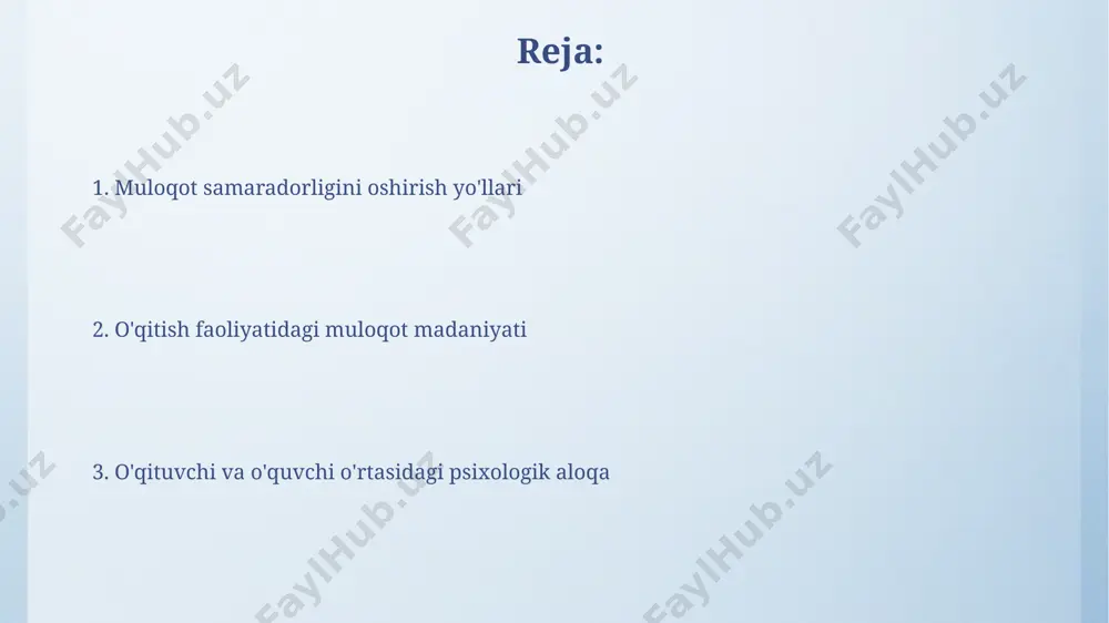 muloqotning ahamiyatini ta'kidlaydi. nonverbal signallar, masalan, ko'z aloqasi, tana holati, o'quvchilar bilan o'qituvchi o'rtasidagi ishonch va yaqin munosabatlarni o'rnatishda muhim rol o'ynaydi, natijada o'quv samaradorligini 20% ga oshirishi mumkin. konfliktlarni hal qilish madaniyati o'qituvchilarning 80% dan ortig'i, “konstruktiv bahs-munozaralar” strategiyasini qo'llagan holda, talabalar o'rtasidagi kichik ziddiyatlarni muvaffaqiyatli hal qilishda ko'proq tajribaga ega ekanliklarini ta'kidlaydilar. effektiv konfliktlarni hal qilish madaniyati, emotsional aql va empatiya kabi soft skills’larni rivojlantirish orqali, talabalar o'rtasida 25% gacha agressiv xatti-harakatlarning kamayishiga olib keladi. muvaffaqiyatli muloqotning psixologik asoslari o'qituvchining empatiyasi (hissiy aql) o'quvchilar bilan ishonchli munosabatlar o'rnatishda kalit rol o'ynaydi, bu esa 40% gacha muloqot samaradorligini oshirishi mumkin. muvaffaqiyatli muloqotda 7-38% ma'lumot og'zaki, qolgan qismi esa noverbal signallar orqali uzatiladi, shuning uchun tananing tilini va mimikani tushunish muhim. motivatsiya va muloqot samimiy va ochiq muloqot orqali o'quvchilarning individual ehtiyojlari va o'rganish uslublarini hisobga olgan holda, motivatsiya darajasini 20-30% ga oshirish mumkin. o'quv jarayonida maqsadga yo'naltirilgan, aniq va …