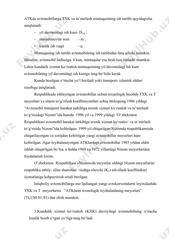 billari va ular bazasidagi avtobuslar 2700 10800 avtobuslar 3150 12600 yengil avtomobillar 3600 14400 xususiy meyorlar yuk avtomobillari maz-5335 3600 14400 gaz-53-12,gaz-53-07 3600 14400 kamaz-5320 3600 10800 avtobuslar damas 10000 20000 paz-3205 3600 14400 mersedes-bens-0405 15000 45000 bedde-214-17v 4500 9000 deu vs-113, vs-106 3600 14400 ikarus-260, 280 3600 14400 yengil avtomobillar dogan l,s 4500 9000 tiko, neksiya 10000 20000 tlum-01-91 da keltirilgan txk davriyligi qiymatlari 2-jadvalda keltirilgan 2- jadval harakat tarkibining i toifa ishlatish sharoiti uchun texnik xizmat kо‘rsatish davriyligi № harakatdagi tarkib turi meyoriy xizmat kо‘rsatish davriyligi, km txk-1 txk-2 1 yengil avtomobillar 5000 20000 2 avtobuslar 5000 20000 3 yuk avtomobillari va ular bazasidagi avtomobillar 4000 16000 4 karyer о‘zi ag‘dargich avtomobillari 2000 10000 5 tirkama va yarim tirkamalar 4000 16000 6 og‘ir yuk kо‘taruvchi tirkama va yarim tirkamalar 3000 12000 avtomobillarning mukammal ta’mirgacha bosib о‘tgan yо‘li va yangi rusumlm avtomobillarning (ularni qayta ta’mirlash kо‘zda tutilmagani uchun) xisobdan …