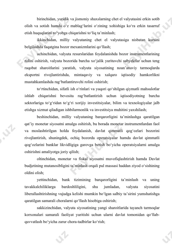 ekiston respublikasi prezidentining 2020-yil 8-iyuldagi pf-6021-son farmoni tahririda — qonun hujjatlari ma’lumotlari milliy bazasi, 09.07.2020-y., 06/20/6021/1047-son — 2020-yil 1-avgustdan kuchga kiradi) iste’mol tovarlari importi bilan shug‘ullanuvchi yuridik shaxs tashkil etmasdan faoliyat ko‘rsatuvchi yakka tartibdagi tadbirkorlarga chet el valyutasini jismoniy shaxslar uchun o‘rnatilgan tartibda, banklardagi hisobvaraqlar orqali sotib olishga ruxsat beriladi; mulkchilik shaklidan qat’i nazar, barcha eksportchi korxonalarning chet el valyutasidagi tushumini majburiy sotish bo‘yicha talab bekor qilinadi; belgilansinki, chet el valyutasida daromad oluvchi yuridik shaxs tashkil etmasdan faoliyat ko‘rsatuvchi yakka tartibdagi tadbirkorlar, shuningdek, fermer xo‘jaliklari o‘z bank hisobvaraqlaridagi naqd mablag‘larni faqat milliy valyutada yechib olishga haqlidirlar, chet el valyutasidan chet elda asosli foydalanish hollari bundan mustasno. (2-bandning oltinchi xatboshisi o‘zbekiston respublikasi prezidentining 2019-yil 5-sentabrdagi pf-5811-sonli farmoni tahririda — qonun hujjatlari ma’lumotlari milliy bazasi, 06.09.2019-y., 06/19/5811/3691-son) 3. belgilansinki, o‘zbekiston respublikasi hududida: tovar (ish va xizmat)lar uchun to‘lovlarni chet el valyutasida amalga oshirish taqiqlanadi, xalqaro tajribaga muvofiq xalqaro to‘lov kartalari orqali to‘lovlar …