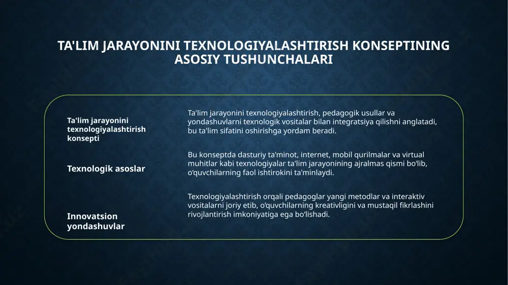 samarali metodlar joriy qilinadi. bu jarayon ta'lim jarayonining samaradorligini oshiradi. ta'limda texnologiyalashgan muhitning yaratilishi va boshqarilishi 1 infratuzilma tayyorlash ta'limda texnologiyalashgan muhitni yaratish uchun zamonaviy texnologik infratuzilma, qulay xarajatlar va texnik qo‘llab-quvvatlash muhimdir. 2 resurslar va platformalar raqamli platformalar, onlayn resurslar va interaktiv vositalar ta'lim muhitini boyitadi, o‘qituvchilar va talabalar uchun qulay imkoniyatlar yaratadi. 3 boshqaruv tizimi texnologik muhitni samarali boshqarish uchun axborot tizimlari va monitoring mexanizmlari joriy qilinadi, bu esa o‘quv jarayonini nazorat qilishni osonlashtiradi. 4 xavfsizlik va ma'lumotlar ta'lim muhitida axfsizlik choralari, shaxsiy ma'lumotlarni himoya qilish va kiberxavfsizlik standartlariga rioya qilish muhim ahamiyatga ega. ta'lim jarayonining samaradorligini oshirishda texnologiyalarning roli 1 innovatsion vositalar zamonaviy texnologiyalar yordamida o‘quv jarayonlari tez va samarali rivojlanmoqda. interaktiv platformalar va raqamli vositalar o‘quvchilarning o‘rganish jarayonini yaxshilashga yordam beradi. 2 individual yondashuv sun’iy intellekt va personalizatsiyalash texnologiyalari orqali har bir o‘quvchining ehtiyojlari va qobiliyatlariga mos ta’lim muhitini yaratish mumkin. bu esa o‘quvchilarning motivatsiyasini oshiradi. …