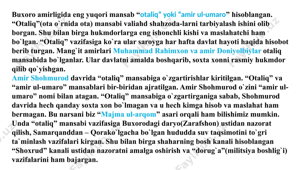 i yozib, maxsus daftarda qayd qilib borgan. uchinchi “daftardor”. katta devondagi tanhodor va suyurg`ol egalarini ishdan olish va amalga qo`yish tartibini nazorat qilgan. to`rtinchi “devoni tanobona”. bahorgi va kuzgi ekinlardan tushadigan xiroj, kirim-chiqim va xarajat ishlarini olib borgan. beshinchi toifa amaldorlar va mansablariga “munshi”- amir inoyatnomalari, duo va salomi, istaklarini yozib, o`qib borgan. amallar yorliqlarini yozib amirga qo`l qo`ydirib olib, egalariga yetkazgan. “arbobi daruni shahar”(shaharning arbobi) – shahar ichidagi anhor va ariqlari ustidan nazorat qilib, tozaligiga javob bergan. “devoni arabxona” – arablar jamoasi ishlarini, ulardan navkar olish va raiyat qatoriga kiritish masalalarini hal qilgan. “devoni tavjih” – daftardor va devoni tanobxonaga itoat qilgan. “avorij”(ya`ni soliq, xiroj, zakot va boj mablag`larining hisob-kitob devoni) va “tavjix” ya`ni xarajat devoni daftarlarning aniqligiga javob bergan. oltinchi martabadagi amallar yuqoridagilardan pastroq hisoblanar edi. birinchi darajali kitobdor amali. olimlar, fozillar va shoirlarning amirga peshkash qilgan asarlarini amir qabul qilgandan so`ng, kitobdor uni olib, kitobxonada tartib bilan …