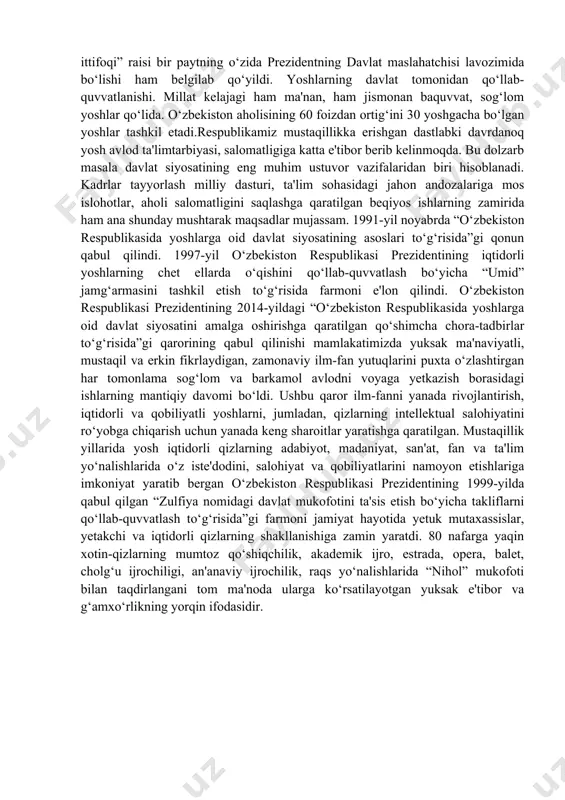 arning mustaqilligi bosqichma-bosqich rivojlantirib boriladi. 2017-2018-yillar davomida o‘zbekiston respublikasi prezidenti va vazirlar mahkamasining yetmishga yaqin farmon, qaror va farmoyishi qabul qilindi. bu tom ma'noda ta'lim tizimidagi o‘zgarish va yangilanishlarjarayonini boshlab berdi. harakatlar strategiyasida ta'lim va o‘qitish sifatini baholashning xalqaro standartlariga o‘tishda oliy ta'lim muassasalari faoliyati va samaradorligini oshirishdagi ustuvor vazifalar belgilab olindi. ana shuni nazarda tutib, prezident sh.m.mirziyoyev “yoshlarni mustaqil fikrlaydigan, yuksak intellektual va ma'naviy salohiyatga ega bo‘lib dunyo miqyosida o‘z tengdoshlariga hech qaysi sohada bo‘sh kelmaydigan insonlar bo‘lib kamol topishi, baxtli bo‘lishi uchun davlatimiz va jamiyatimizningbor kuch va imkoniyatlarini safarbar etamiz”, degan edi. 2017-yil 10 yildan ortiq vaqt mobaynidagi tanaffusdan keyin davlat va jamiyatdagi malakali kadrlarga bo‘lgan ehtiyojlar inobatga olinib, o‘zbekiston prezidenti shavkat mirziyoyev tashabbusi bilan sirtqi ta'lim tizimi tiklandi, maxsus sirtqi ta'lim takomillashtirildi o‘zbekistonda yoshlar siyosati yoshlar tashkiloti. o‘zbekiston respublikasi mustaqillikka erishgandan keyin mamlakat yoshlarini birlashtirish uchun “yoshlar ittifoqi” tashkiloti tuzildi. tashkilot yoshlarni o‘z plenumi va konferensiyalari qarorlarini …