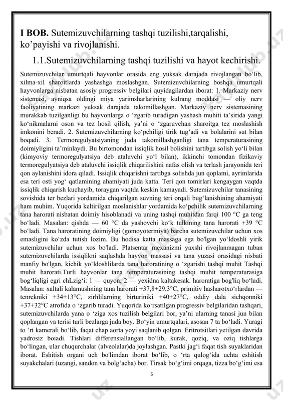 aziy nerv sistemasi, ayniqsa oldingi miya yarimsharlarining kulrang moddasi — oliy nerv faoliyatining markazi yuksak darajada takomillashgan. markaziy nerv sistemasining murakkab tuzilganligi bu hayvonlarga o ‘zgarib turadigan yashash muhiti ta’sirida yangi ko‘nikmalarni oson va tez hosil qilish, ya’ni o ‘zgaruvchan sharoitga tez moslashish imkonini beradi. 2. sutemizuvchilarning ko‘pchiligi tirik tug‘adi va bolalarini sut bilan boqadi. 3. termoregulyatsiyaning juda takomillashganligi tana temperaturasining doimiyligini ta’minlaydi. bu birtomondan issiqlik hosil bolishini tartibga solish yo‘li bilan (kimyoviy termoregulyatsiya deb ataluvchi yo‘l bilan), ikkinchi tomondan fizikaviy termoregulyatsiya deb ataluvchi issiqlik chiqarilishini nafas olish va terlash jarayonida teri qon aylanishini idora qiladi. issiqlik chiqarishni tartibga solishda jun qoplami, ayrimlarida esa teri osti yog‘ qatlamining ahamiyati juda katta. teri qon tomirlari kengaygan vaqtda issiqlik chiqarish kuchayib, toraygan vaqtda keskin kamayadi. sutemizuvchilar tanasining sovishida ter bezlari yordamida chiqarilgan suvning teri orqali bug‘lanishining ahamiyati ham muhim. yuqorida keltirilgan moslanishlar yordamida ko‘pchilik sutemizuvchilarning tana harorati nisbatan doimiy hisoblanadi va uning …
