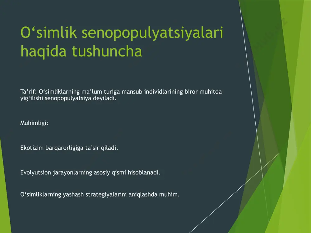 – o‘simlik populyatsiyalari l.g. ramenskiy – ekologik tadqiqotlar tadqiqot metodlari: kuzatish eksperimental o‘rganish xulosa senopopulyatsiyalar tabiiy ekotizimlarning ajralmas qismidir. image1.jpeg image2.jpeg image3.jpeg image4.jpeg image5.jpeg image6.jpeg