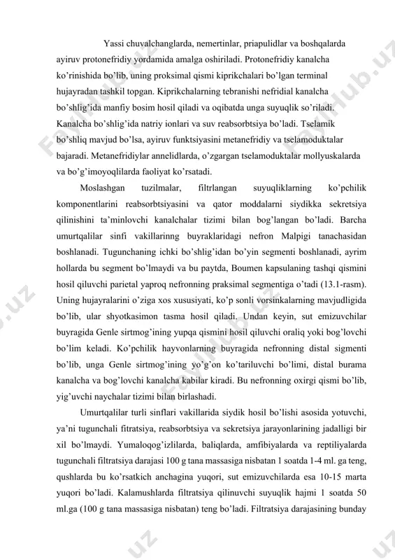 chali fitratsiya, reabsorbtsiya va sekretsiya jarayonlarining jadalligi bir xil bo’lmaydi. yumaloqog’izlilarda, baliqlarda, amfibiyalarda va reptiliyalarda tugunchali filtratsiya darajasi 100 g tana massasiga nisbatan 1 soatda 1-4 ml. ga teng, qushlarda bu ko’rsatkich anchagina yuqori, sut emizuvchilarda esa 10-15 marta yuqori bo’ladi. kalamushlarda filtratsiya qilinuvchi suyuqlik hajmi 1 soatda 50 ml.ga (100 g tana massasiga nisbatan) teng bo’ladi. filtratsiya darajasining bunday ko’p miqdorda o’zgarishi, evolyutsiya jarayonida, reabsorbtsiyaning ekvivalent o’zgarishi bilan birga sodir bo’lgan deb hisoblash mumkin. xaqiqatdan juda kalta, boshqalarida esa - ingichka uzun bo’limi bo’lgan genle sirtmog’i bor bo’lib, u distal segment bilan bog’lanadi. uning tarkibiga genle sirtmog’ining yo’g’on ko’tariluvchi shoxi, distal burama kanalcha va yig’uvchi nay bilan tutashgan bog’lovchi kanalcha kiradi. nefronning nomlari qayd qilingan bo’g’imlarini har birining funktsiyasi turlichadir. odam va sut emizuvchilarning buyraklarida tugunchalarining joylashishiga qarab farqlanadigan nefronlarning bir necha turi mavjud: yuza, intrakortikal (po’stloq qatlami ichida yotadigan) va yukstamedullyar (ularning tugunchalari po’stloq chegarasi va mag’iz moddasi …