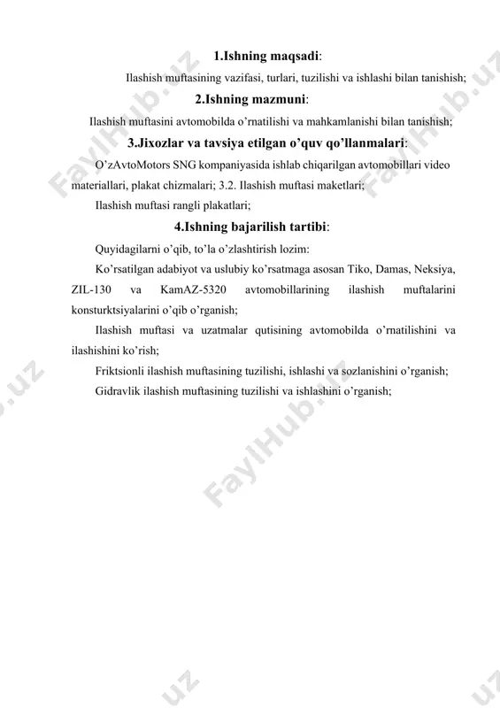 l rusumi etakchi diskalar soni etaklanuvchi diskalar soni ilashmaning yuritma turi ilashma yuritmasining kuchaytirgichi borligi diskalar orasidagi tirqish ajratuvchi richag bilan siquvchi podshipnik orasidagi tirqish, mm pedalning to’la yo’li, mm ish yo’li, mm erkin yo’li, mm ish yo’li, mm 4.1-rasm. bir diskali friktsion quymali ilashish muftasining tasviriy chizmasi. 4.2-rasm. gidromufta va ilashish muftasining ketma-ket ilashish tasviriy chizmasi. foydalaniladigan adabiyotlar: 1. a.muxitdinov, b.sattivaldiev, sh.xakimov “transport vositalarining tuzilishi” (dsign of vehicles) “ta’lim nashriyoti” toshkent-2014 y 158 b. 2. fayzullayev e.z. transport vositalari tuzilishi va nazariyasi. darslik. 1-qismt.: “yangi asr avlodi”, 2006. -375 b. 3. mamatov.x avtomobillar (avtomobillar konstruktsiyasi asoslari). 1-qism. toshkent, «o’qituvchi», 1995-y. 4. mamatov.x avtomobillar (avtomobillar konstruktsiyasi asoslari). 2-qism. toshkent, «o’qituvchi», 1998-y. image1.jpg image2.jpg