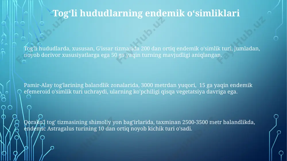 ida, yoʻqolib ketish xavfi ostida. taxminan 50 ga yaqin endemik oʻsimlik turi, chotqol va turkiston tizmalarida, yashash joylarining torayishi va brakonerlik tufayli yoʻq boʻlib ketish arafasida. endemik oʻsimliklarning 25% dan ortigʻi, climatic changes tufayli, namangan va toshkent viloyatlaridagi himoya qilinmagan hududlarda yoʻq boʻlib ketish xavfi bilan tahdid ostida. oʻzbekiston endemik oʻsimliklarining muhofazasi "zaamin" davlat qoʻriqxonasi va "boysun-toʻpolon" davlat tabiat bogʻida 50 dan ortiq endemik oʻsimlik turi, ularning 20 dan ortigʻi xavf ostida boʻlib, maxsus himoya choralari bilan muhofaza qilinadi. taxminan 30 ta endemik oʻsimlik turi qashqadaryo viloyati hududida joylashgan "gʻishuv" botani bogʻida in situ va ex situ usullar yordamida muhofaza qilinmoqda. oʻzbekistonning 150 ga yaqin endemik oʻsimlik turi, jumladan, “qizil kitob”ga kiritilgan 100 dan ortiq turi, chatqol-qurama togʻlarida va qoraqalpogʻistonning choʻl hududlarida muhofaza etiladi. endemik oʻsimliklarning geografik tarqalishi oʻzbekistonning 1500 dan ortiq endemik oʻsimlik turlarining aksariyati mamlakatning togʻli hududlarida, xususan, gʻarbiy tian-shan va pamir-alay togʻ tizmalarida tarqalgan. qoraqalpogʻiston respublikasining choʻl …