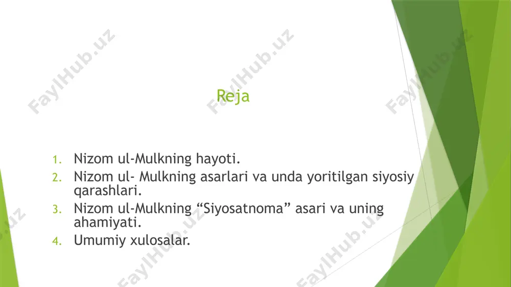 un tuzilgan guruhga rahbarlikka taklif qilishadi. malikshoh saljuqiylar imperiyasi poytaxti bo’lmish marvda kata rasadxona qurdiradi. dsaroyda ilmiy muhit shakllanadi. nizomulmulk 1067-yili bag’dodda olamga mashhur “nizomiyya” madrasasini qurdiradi. taniqli olim muhammad g’azzoliy ham vaqtida shu madrasada dars bergan. siyosatnoma asari haqida 1091-yilda nizomulmulk yozgan 39 bobdan iborat “siyosatnoma” yoki “ siyar ul-mulk” (“podsholar turmushi”) nomli asar yozgan. 1092-yilda u asarni ko’chirtirib, sulton malikshohga berib qo’yish uchun saroyni maxsus kotibi muhammad mag’ribiy an-nosihga topshirib , o’zi bag’dod safariga yo’l oladi. 1092-yilda malikshoh ham o’dirilgach saroyda toju taxt uchun kurash avj oladi va davlat ishlari tartibsizlikka uchraydi. shuning uchun ham muhammad mag’ribiy faqat 1105-yilga kelib, ya’ni g’iyosuddin muhammad ibn malikshoh davrida asarni e’lon qiladi. “siyosatnoma asari mohiyati nizomulmulkning yana bir bir fikri zamonamiz bilan hamohang. bu g’oya shunndan iboratki , davlatda markaziy hukumat ( ya’ni shoh hukumati) juda ham kuchli bo’lishi lozim. shundagina davlatda tinchlik va osoyishtalik barqaror bo’ladi, raiyat o’z maqsadiga yeta …