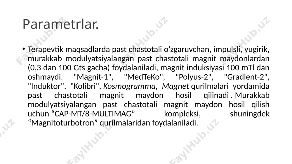 ishko” radiotherm volna-2m texnika. muolaja kontakt (havo bo'shlig'isiz) va distantsion (3-5 sm gacha) texnikada amalga oshiriladi. muolajalar apparatning chiqish quvvati bo'yicha dozalanadi. muolajaning davomiyligi har kuni yoki kunora 5-15 minutni tashkil qiladi; davolash kursi 8-12 muolaja. santimetr to'lqinli terapiya smt terapiya - santimetr diapozonli elektromagnit to'lqinlardan terapevtik foydalanish. smt to'lqinlari erkin tuzilmasiz suv molekulalari, fosfolipidlarning yon zanjirlari va aminokislotalar tomonidan yutiladi va asosan kichik miqdordagi suv saqlovchi to'qimalarga ta’sir qiladi: teri, teri osti kletchatka, mushak boylamlari, fastsiya va suyak. mikrosirkulyatsiyani faollashtirish ta'sir hududida perinevral shishni kamaytirishga yordam beradi va og'riqni kamaytiradi. davo samarasi. sekretor, immunomodulyator, detoksikatsion (past intensivlikdagi smt terapiya); yallig'lanishga qarshi, vazoaktiv, katabolik, trofik, gipalgeziv (yuqori intensivlikdagi smt-terapiya). ko'rsatmalar. periferik asab tizimining o’tkirosti (quyi intensivlikdagi smt-terapiya) va surunkali (yuqori intensivlikdagi smt-terapiya) yallig'lanish kasalliklari (nevralgiya, nevrit), bo'g'imlarning va umurtqa degenerativ-distrofik kasalliklari o'tkir bosqichida (bel og'rig'i, bursit, periartrit, tendovaginit, pay yorilishi) va nafas organlari, ayol jinsiy organlari, siydik yo'llari kasalliklari. qo'llash …