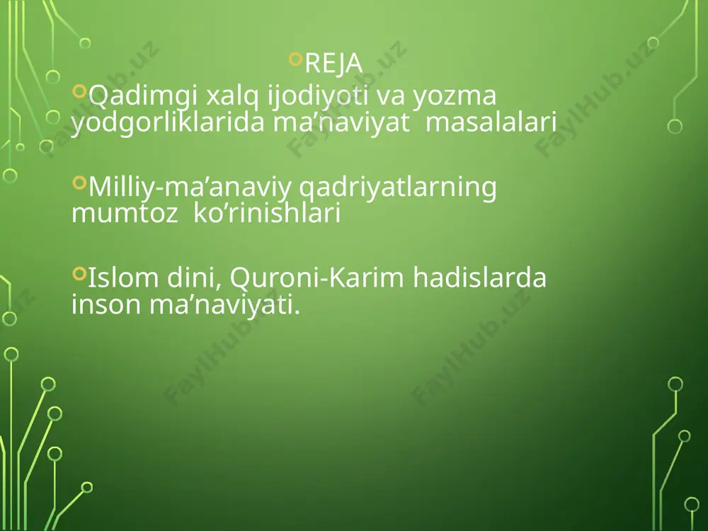 asidan judo etilib, qon bilan to`ldirilgan meshga solinadi. “shiroq” eposi ham o`rta osiyo xalqlarining chet el bosqinchilariga qarshi qaxramonona kurashini aks ettiradi. vatanparvarlik va jasorat, vatani va o`z xalqi baxti-saodati yo`lida fidoiylik qilishga shay, tayyor turish kabi yuksak ma`naviylik sak qabilasining cho`poni shiroq timsolida gavdalangan. avesto kitobi qadimiy turkiy tilda yaratilgan yozma yodgorliklardan bizgacha o`rxun-yenisey va uyg`ur tilidagi yodgorliklar saqlanib qolgan. o`rxun-yenisey yodgorliklari v-viii asrlarga mansub bo`lib, ulardan kul-tagin, bilka-qoon, tunyukuk qabr toshlariga o`yib yozilgan tezislar ayniqsa ahamiyatlidir. markaziy osiyoda ma`naviyat bilan birga ma`rifat ham rivojlangan. ma`rifat rivojining isboti sifatida bu o`lka xalqlarning yozuvini kursatish mumkin. eramizdan avvalgi birinchi ming yillik o`rtalarida oromiy, grek yozuvlari, forsiy mixxat mavjud bo`lgan. qadim o`rta osiyoda astronomiya, geometriya, geodeziya, matematika, fizika, meditsina fanlari rivoj topgan. bizga qadar saqlanib qolgan so`g`d kalendari va beruniy asarlaridagi ma`lumotlar bu o`lkada, ayniqsa astronomiya fani rivojlanganidan darak beradi. o`rta osiyo xalqlari juda qadim zamonlar dayoq sug`orish inshootlari qurganlar, kanallar …