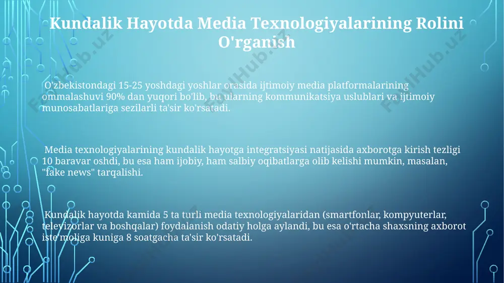 hi, algoritmlar va shaxsiylashtirilgan kontent orqali "filtr pufakchalari" deb ataluvchi hodisani keltirib chiqardi, bu esa ijtimoiy qarashlarning qutblanishiga olib kelishi mumkin. media savodxonligi va tanqidiy fikrlash taxminan 90% foiz foydalanuvchilar media kontentini tanqidiy tahlil qilmasdan iste'mol qiladi, bu esa noto'g'ri tushunchalar va noto'g'ri fikrlarga olib kelishi mumkin. ijtimoiy tarmoqlardagi 5 ta postdan 1 tasi yolg'on yoki noto'g'ri ma'lumot bo'lishi mumkin, shuning uchun manbalarni tekshirish va axborot savodxonligi zarur. ommaviy axborot vositalarining 70% dan ortig'i emotsional ta'sirga ega bo'lib, tanqidiy fikrlash orqali ularning manipulyativ usullarini aniqlash muhimdir. radioeshittirish va podcastlar radioeshittirish endi nafaqat fm chastotalari orqali, balki 300 dan ortiq onlayn platformalar orqali ham 24/7 rejimida mavjud boʻlib, tinglovchilar sonini sezilarli darajada oshirdi. qoʻshimcha daromad manbai sifatida, podcastlar reklama va sponsorlik orqali oʻrtacha har bir epizod uchun 100-500 aqsh dollari miqdorida daromad keltirishi mumkin. podcastlarning oʻrtacha tinglash vaqti 2023 yilda 45 daqiqagacha oʻsdi, bu esa ularni ma'lumot olish va koʻngil ochishning …
