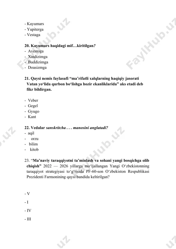 - ilm va kitobga muhabbat - ipak matolarga muhabbat - molparastlikga muhabbat - kamsitishga moyillik 52. jadidchilik harakatining “g‘oyaviy otasi” kim? - ahmad yassaviy - go‘ri amir - ismoil g‘aspirali - qozizoda rumiy 53. ismoil g‘aspirali g‘oyalarining yoyilishiga xizmati qilgan gazetani aniqlang? - toshkent ovozi - tarjimon - xalq so‘zi - oyna 54. muzaffariya jadid maktabi qacnon ochildi? - 1904 yilda - 1890 yilda - 1888 yilda - 1980 yilda 55. qaysi yilda turkiston o‘lkasida 102 ta boshlang‘ich va 2 ta o‘rta jadid maktablari bor edi? - 1850 yilda - 1898 yilda - 1980 yilda -1903 yilda 56. birinchi teatr qaysi davlatda paydo bo'lgan? - xitoyda - italiyada - misrda - hindistonda 57. diniy falsafa dastlab qaysi mamlakat xalqlari hayotida paydo bo'lgan? - hindistonda - rimda - movoraunnahrda - misrda 58. yevropa uyg‘onish davri dunyoqarashining asosida nima yotadi? - insonparvarlik - materializm - ratsionalizm - idealizm 59. kitob bosish usuli …