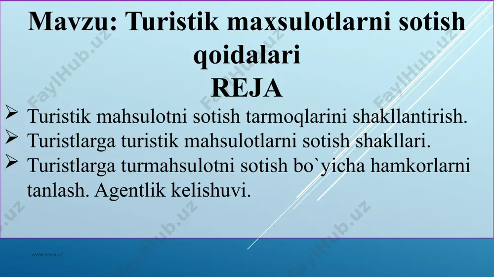 jburiyatini qabul qilgan xorijiy turistik firma-vositachilarning ma’lum sonidir. www.arxiv.uz turoperatorlik firmalarining ko‘p yillik amaliy faoliyatlarida turmahsulotni sotishning turli yo‘llaridan foydalaniladi: xususiy sotishlar byurosini tashkil etish (savdo nuqtalari); vositachi turagentlik tarmoqlarini tashkil etish; yirik tashkilot va korxonalar bilan aloqa o‘rnatish; maxsuslashtirilgan magazinlardan foydalanish; pochta orqali turlarni sotish. www.arxiv.uz turoperatorlar sotish byurolarining asosiy ishlab chiqarish vazifalari: axborot-ma’lumot stendlari, og‘zaki xabarlar, yozma ma’lumotlar yordamida tashrif buyuruvchilarga ma’lumot yetkazish; xorijga turistik sayohatlar bilan bog‘liq boshqa istalgan malumotlarni berish; tashrif buyuruvchilardan turni bron qilish talabnomalarini firma tomonidan o‘rnatilgan shaklda qabul qilish; bron qilish uchun talabnoma bergan tashrif buyuruvchilardan xorijiy vizalarini rasmiylashtirish uchun pasportlarni qabul qilish, ularning amal qilish muddatlarini tekshirish; mijozlarni turni sotib olish va sotish shartlari, shuningdek, «xorijga turistik safarlar umumiy shartlari» bilan tanishtirish; belgilangan muddatlarda mijozdan turning avans yoki to‘liq qiymati to‘lovini qabul qilish; turistik safar mobaynida uning sug‘urtasi masalasini kelishib olish; mijozga xorij vizasi qo‘yilgan pasport va zarur turistik hujjatlarni berish, unga …