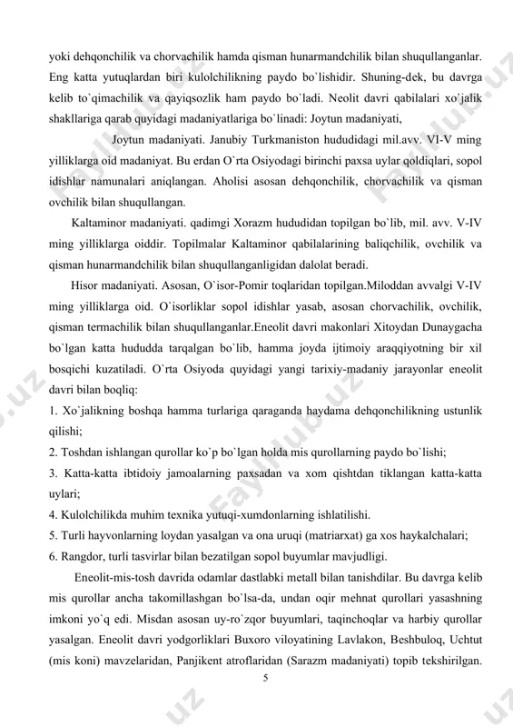 osan chorvachilik, ovchilik, qisman tеrmachilik bilan shuqullanganlar.enеolit davri makonlari xitoydan dunaygacha bo`lgan katta hududda tarqalgan bo`lib, hamma joyda ijtimoiy araqqiyotning bir xil bosqichi kuzatiladi. o`rta osiyoda quyidagi yangi tarixiy-madaniy jarayonlar enеolit davri bilan boqliq: 1. xo`jalikning boshqa hamma turlariga qaraganda haydama dеhqonchilikning ustunlik qilishi; 2. toshdan ishlangan qurollar ko`p bo`lgan holda mis qurollarning paydo bo`lishi; 3. katta-katta ibtidoiy jamoalarning paxsadan va xom qishtdan tiklangan katta-katta uylari; 4. kulolchilikda muhim tеxnika yutuqi-xumdonlarning ishlatilishi. 5. turli hayvonlarning loydan yasalgan va ona uruqi (matriarxat) ga xos haykalchalari; 6. rangdor, turli tasvirlar bilan bеzatilgan sopol buyumlar mavjudligi. enеolit-mis-tosh davrida odamlar dastlabki mеtall bilan tanishdilar. bu davrga kеlib mis qurollar ancha takomillashgan bo`lsa-da, undan oqir mеhnat qurollari yasashning imkoni yo`q edi. misdan asosan uy-ro`zqor buyumlari, taqinchoqlar va harbiy qurollar yasalgan. enеolit davri yodgorliklari buxoro viloyatining lavlakon, bеshbuloq, uchtut (mis koni) mavzеlaridan, panjikеnt atroflaridan (sarazm madaniyati) topib tеkshirilgan. bu davrga kеlib, dеhqonchilik o`rta osiyoning shimoli-sharqiy hududlariga …
