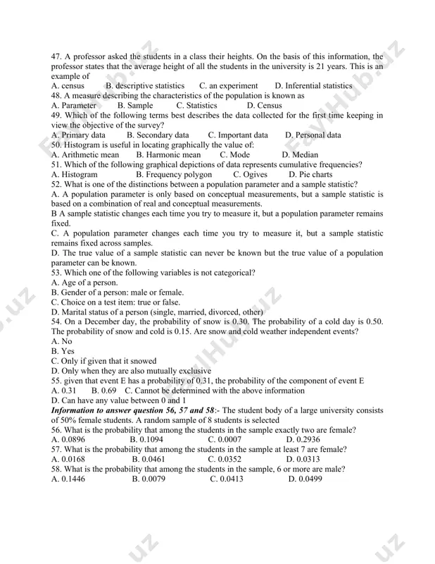 ed is computed by first squaring the differences between a. observed frequencies and expected frequencies. b. observed frequencies and the total sample size. c. observed frequencies and observed percentages. d. expected values and observed percentages. 32. the degrees of freedom for the chi-square test statistic when testing for independence in a contingency table with 4 rows and 4 columns would be a. 12 b. 5 c. 7 d. 9 33. which of the following is not an assumption of parametric inference methods? a. data is quantitative c. sample is sufficiently large. b. population has a known distribution. d. data is qualitative. 34. the chi-square test can be used: a. for pairwise multiple comparisons of means. c. to test for homogeneity of proportions b. to test for difference in two variances. d. to make inference about a population mean. 35. the boundaries of the confidence interval are called: a. confidence level …