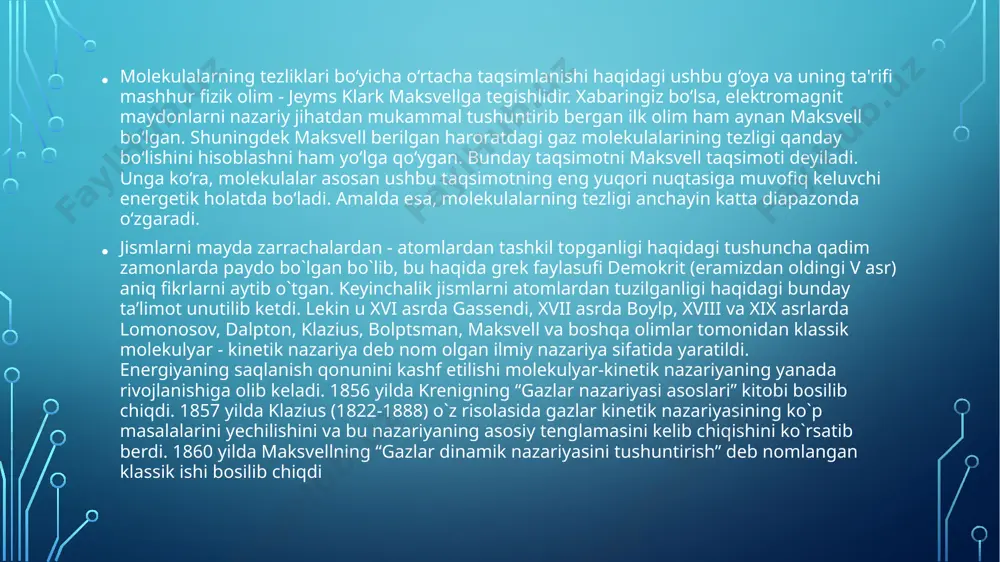 jarayonlar izojarayonlar (izo-teng, bir hil) deyiladi. bular quyidagi qonunlarda o`z aksini topgan. 1. boyl- mariott qonuni. harorat o`zgarmaganda berilgan gaz massasi uchun gazning bosimi uning xajmiga teskari proporsional ravishda o`zgaradi, ya’ni т=const, m= const bo`lsa pv= const bu izotermik jarayon bo`lib, uni diagrammada egri chiziq (giperbola) bilan tasvirlash mumkin. bu egri chiziq izoterma deb ataladi. 2. gey-lyussak qonuni. 1). bosim o`zgarmas bo`lganda berilgan gaz massasining xajmi haroratiga qarab chiziqli ravishda o`zgaradi, ya’ni, m= const, p= const bo`lsa v= v0(l+ t) 2. gey-lyussak qonuni. 1). bosim o`zgarmas bo`lganda berilgan gaz massasining xajmi haroratiga qarab chiziqli ravishda o`zgaradi, ya’ni, m= const, p= const bo`lsa v= v0(l+ t) bunda yuz beradigan jarayon izobarik jarayon deb ataladi va diagrammada to`g`ri chiziq bilan tasvirlanadi. bu to`g`ri chiziq izobara deb ataladi. 3). хajm o`zgarmas bo`lganda berilgan gaz massasining bosimi haroratga qarab chiziqli ravishda o`zgaradi, ya’ni m= const, v = const bo`lsa 3). хajm o`zgarmas bo`lganda berilgan …