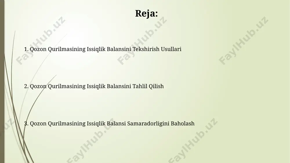 ng issiqlik samaradorligi 90% ni tashkil etadi va 1 soatda 50 litr suvni 60°c dan 95°c gacha qizdirishi mumkin. samarqand viloyatida sinovdan o'tkazilgan. qozon qurilmasining issiqlik sxemasi, 20 kvt quvvatga ega boʻlib, suvni 80°c gacha qizdirish uchun 3 ta issiqlik almashinuvchisidan foydalanadi va toshkent shahridagi zavodda ishlab chiqariladi. issiqlik o'tkazuvchanlik hisob-kitoblari andijon viloyatidagi qozonxona uchun amalga oshirilgan hisob-kitoblar shuni ko'rsatdiki, 5 mm qalinlikdagi izolyatsiya qatlami issiqlik yo'qotishlarini 25% ga kamaytirishi mumkin, bu esa yoqilg'i sarfini sezilarli darajada optimallashtiradi. issiqlik o'tkazuvchanlik hisob-kitoblarida, toshkentdagi 30°c atrof-muhit haroratida ishlaydigan 150 litrli qozonning issiqlik yo'qotishlarini aniqlash uchun, konveksiya va nurlanish koeffitsientlarini hisobga olish zarur. issiqlik balansini optimallashtirish bo'yicha tavsiyalar qozonning issiqlik izolyatsiyasi sifatini yaxshilash uchun 5 sm qalinlikdagi mineral jun izolyatsiyasini toshkent shahridagi maxsus do'konlardan sotib olish va o'rnatish tavsiya etiladi, bu 15% ga energiya tejashga yordam beradi. qozonning ishlash haroratini 80°c dan 90°c gacha oshirish orqali, issiqlik uzatish koeffitsientini 10% ga oshirish mumkin, …