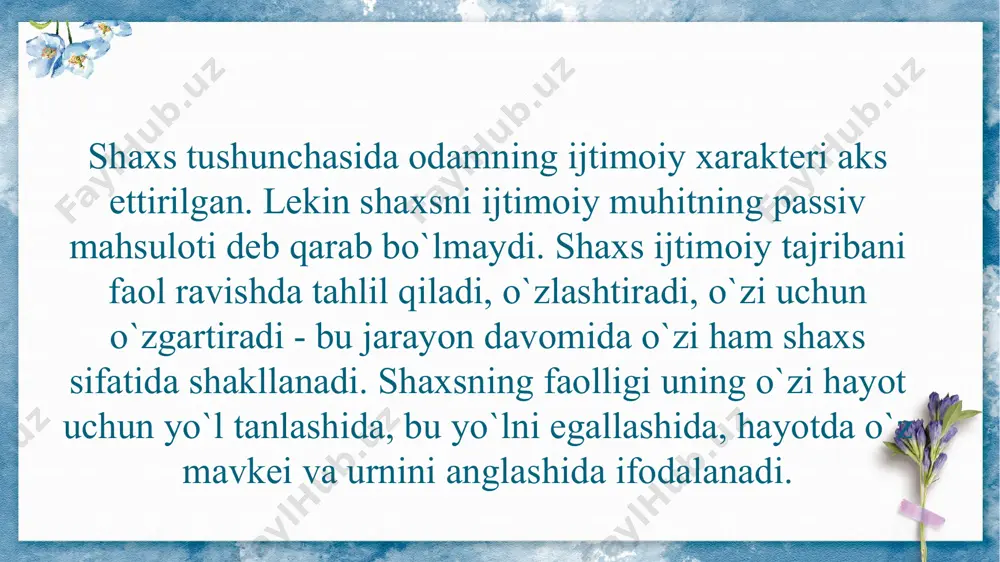 shqalar); 2. shaxs haqidagi yangi nazariyalar (g.ayzenk, d.kettel, a.maslou, g.olport, k.rodjers, k.xorni va boshqalar); 3. eng yangi nazariyalar (e.bern, k.leongard, d.mid, g.sallivin, sirs, e.fromm va boshqalar). an`anaviy nazariyalar - shaxs haqidagi an`anaviy nazariyalar orasida freydizm nazariyasi alohida o`ringa ega. ongsizlik - instinktiv harakatlarning asosi. ular orasida, ayniqsa, jamiyat tomonidan ta`kiklanganligi sababli anglanmaydigan bo`lib qolgan jinsiy mayllar (libido) alohida o`rin tutadi. ong oldi - uning mazmunini kishi kiynalmay anglaydi. ong - ijtimoiy meyorlar, man kilinishlar (tabu). ong doimo ongsizlik bilan kelishmovchilikda. turli xildagi jinsiy va boshqa mayllarni yuzaga chiqarmaslikka harakat qiladi. e'tiboringiz uchun rahmat ! image1.png image2.jpeg image3.jpeg image4.jpeg image5.png image6.jpeg