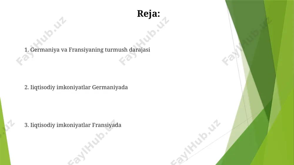 rajatlari germaniyada oliy ta’limning oʻrtacha yillik qiymati, davlat universitetlarida 1000-1500 evro atrofida boʻlsa, xususiy universitetlarda 20 000 evrogacha yetishi mumkin, bu esa fransiyadagi xarajatlarga nisbatan yuqori. fransiya, 2022-yil ma’lumotlariga koʻra, pisa reytingida matematika boʻyicha germaniyadan yuqori natijalarga erishgan boʻlib, bu ta’lim sifatining yuqori ekanligini koʻrsatadi. iqtisodiy imkoniyatlarning taqqoslanishi fransiyada turizm sohasi 2023-yilda 200 milliard yevrodan ortiq daromad keltirib, parij va côte d'azur kabi mintaqalarda ko'plab ish o'rinlarini yaratdi. germaniyaning avtomobilsozlik sanoati, 2022-yilda 4,5 trillion yevrolik yalpi qo'shilgan qiymatni tashkil etib, frantsiyaga nisbatan ko'proq yuqori malakali ish o'rinlarini taqdim etdi. pensiya ta'minoti va nafaqa tizimi fransiya va germaniya davlat pensiya tizimlarining moliyaviy barqarorligi turlicha: germaniyada pensiya jamg'armasi zahiralari yuqoriroq, fransiyada esa davlat byudjetidan ko'proq mablag' ajratiladi. germaniyada pensiya yoshi 67 ga yetgan, fransiyada esa bu ko'rsatkich mintaqalarga qarab 62 dan 67 gacha o'zgarib turadi, bu esa pensiya ta'minotiga turlicha yondashuvni ko'rsatadi. madaniy hayot va bo'sh vaqt frantsiyaning parij va germaniyaning myunxen …