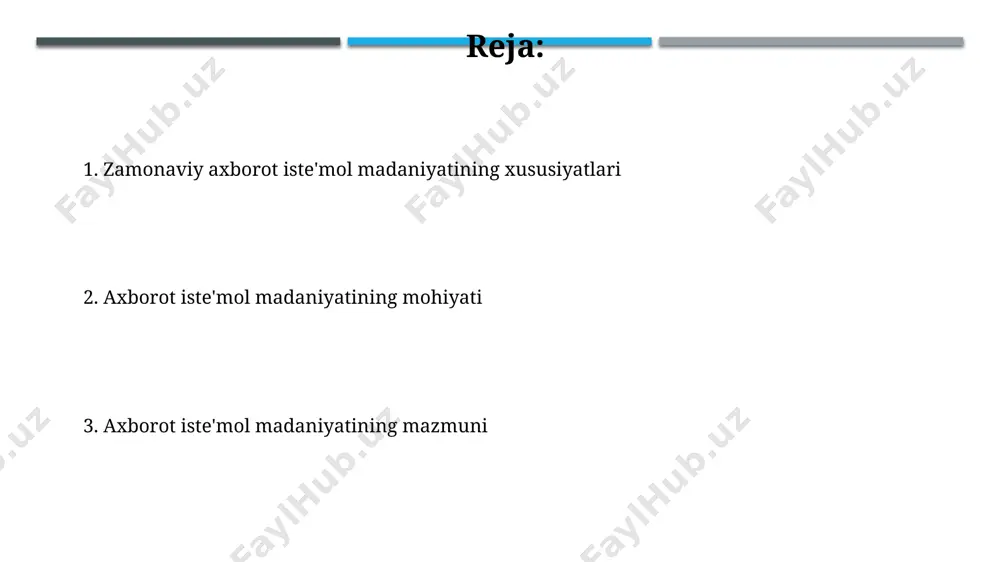 mografik xususiyatlari, jumladan, yoshi (18-25 yosh oralig'i yuqori faollikni namoyon qiladi) va ta'lim darajasi hisoblanadi. ijtimoiy tarmoqlar va ommaviy axborot vositalarining 70% dan ortig'i axborot iste'molining hajmi va tezligiga sezilarli ta'sir ko'rsatadi, bu esa "filtr pufakchalari"ni va axborotning egrilashini keltirib chiqaradi. axborot iste'molining shakllari va usullari axborot iste'moli usullarida passiv iste'mol (masalan, video tomosha qilish) faol iste'molga (masalan, maqolalarni o'qish, tahlil qilish) nisbatan ustunlik qiladi, bu esa tanqidiy fikrlash qobiliyatiga ta'sir qilishi mumkin. o'rtacha foydalanuvchi kuniga 8 soatdan ortiq vaqtni turli xil axborot manbalarini iste'mol qilishga sarflaydi, bu esa axborot ortiqcha yuklamalari va axborot charchoqiga olib kelishi mumkin. axborot tanqidiy tahlili va baholash axborot manbalarining ishonchliligi va ob'ektivligini baholashda kamida 3 ta mustaqil manbaga murojaat qilish va ularning ma'lumotlarini taqqoslash muhim, chunki 1 ta manba noto'g'ri bo'lishi mumkin. soxtalashtirilgan yoki chalg'ituvchi ma'lumotlarni aniqlash uchun, tasdiqlovchi dalillarni topishga va axborotning manbasini tekshirishga 80%dan ortiq e'tibor qaratish lozim. e'tiboringiz uchun rahmat @taqdimot_robot …