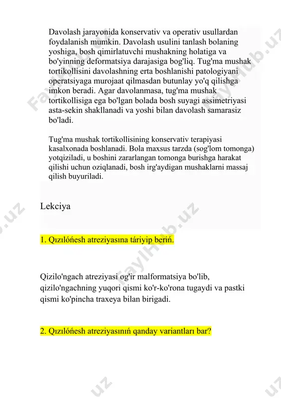 h, kislorodli terapiya, og'iz orqali ovqatlanishni butunlay istisno qilish. tashish kerak iloji boricha qisqa vaqt ichida ixtisoslashtirilgan guruh hamrohligida o'tkazing. operatsiyadan oldingi tayyorgarlikning umumiy davomiyligi gomeostaz va gemodinamika buzilishlarining og'irligiga, nafas olish etishmovchiligiga va suvsizlanish darajasiga bog'liq. aspiratsiyaning aniq belgilari, nafas olish buzilishi va hatto pnevmoniya yoki o'pka atelektazi bilan imkon qadar tezroq traxeya kateterizatsiyasi va nafas olish yo'llaridan tarkibni aspiratsiya qilish bilan to'g'ridan-to'g'ri laringoskopiyaga murojaat qilish kerak. agar ikkinchisi samarasiz bo'lsa anesteziya ostida bronxoskopiya yoki traxeyani intubatsiya qilish tarkibni yaxshilab aspiratsiya qilish bilan amalga oshiriladi. bola quvezga joylashtiriladi, u erda doimiy kislorod bilan ta'minlash, orofaringeal tarkibni aspiratsiya qilish, bolaning tanasini isitish. infuzion buyuriladi, antibakterial, simptomatik terapiya. 5. traxeo- qızılóńesh aqpasınıń túrleri. izolyatsiya qilingan konjenital traxeozofagial oqma deyiladi kam uchraydigan rivojlanish nuqsonlari: uning chastotasi barcha qizilo'ngach anomaliyalarining 3-4% ni tashkil qiladi. og'iz odatda yuqori - darajada joylashgan vii bo'yin yoki 1 ko'krak umurtqasi. fistula diametri odatda 2-4 mm. odatda fistula …