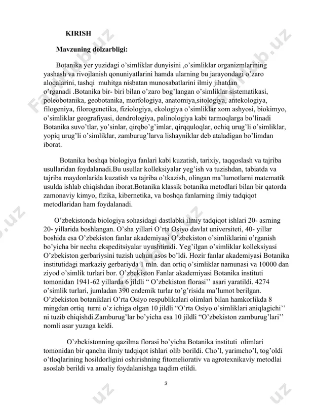 lash. kurs ishining predmeti:botanika fani rivojlanish tarixini va o’rganish usullarini aniqlash. kurs ishining ahamiyati: hozirgi kunda botanika sohasidagi olib borilgan ishlarni hamda o’zbekiston florasini o’rganish. kurs ishining hajmi: kurs ishi uch bobdan iborat, kirish qismi, asosiy qism, xulosa va foydalanilgan adabiyotlar hamda 26 betdan iborat. i-bob. urutdoshlar (haloragaceae) oilasining umumiy tasnifi. 1.1.urutdoshlar (haloragaceae) oilasining anatomik,mofologik belgi va xususiyatlari. haloragaceae gulli o'simliklar oilasi bo'lib, asosan suvda yoki yarim suvda yashovchi, butun dunyo bo'ylab chuchuk suv va dengiz muhitida tarqalgan. oila 10 ga yaqin avlod va 100 turni o'z ichiga oladi. haloragaceae a'zolari oddiy barglari, odatda to'rt yoki besh bargli kichik gullar bilan ajralib turadi va ko'pincha mayda urug'larni chiqaradi. ular suv ekotizimlarida muhim rol o'ynaydi va ularning bezak fazilatlari uchun bog'dorchilikda qadrlanadi.haloragaceae oilasiga ko'pincha tishli yoki tishli oddiy barglari bo'lgan suv yoki botqoq o'simliklar kiradi. ular odatda to'rt yoki beshta sepal va gulbarglari bo'lgan kichik, ko'zga tashlanmaydigan gullarga ega va ular …