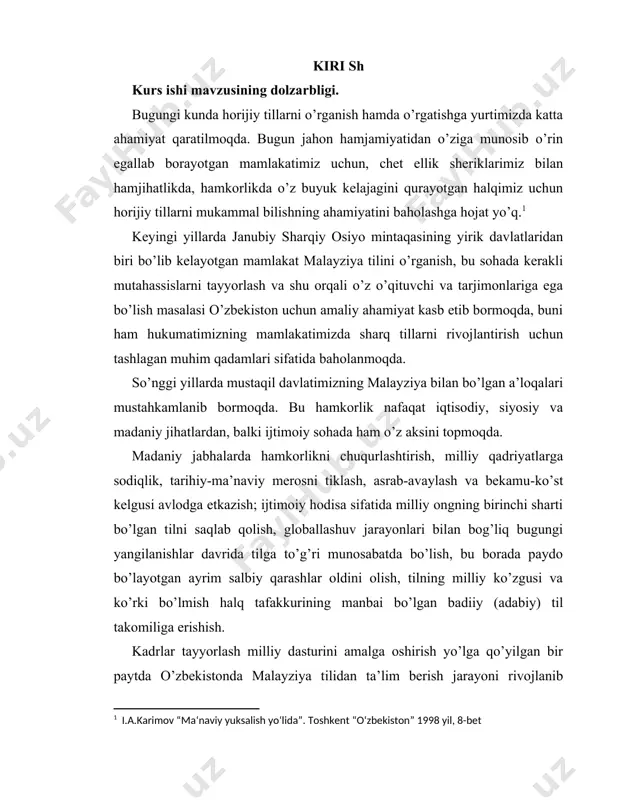 o bo’layotgan ayrim salbiy qarashlar oldini olish, tilning milliy ko’zgusi va ko’rki bo’lmish halq tafakkurining manbai bo’lgan badiiy (adabiy) til takomiliga erishish. kadrlar tayyorlash milliy dasturini amalga oshirish yo’lga qo’yilgan bir paytda o’zbekistonda malayziya tilidan ta’lim berish jarayoni rivojlanib bormoqda. mamlakatimizda mavjud instittutlarning ba’zilarida malayziya tilini o’qitish juda ham yahshi yo’lga qo’yilmoqda. bundan tashqari, o’zbek va malay xalqlarining urf-odatlari hamda tillarining ba’zi o’hshashliklari, malay tilini yuqori darajada o’rganishni taqozo qilmoqda. shu bilan birga malayziyadan kelgan o’qituvchilarning o’zlari bevosita bizning talabalarga dars berishi bu tilning mamlakatimizda chuqur o’rganilishiga, malayziya halqi madaniyati, tarihi, san’ati va hokazolar haqida aniq tasavvurlarga ega bo’lishimizga yordam beradi. ta’lim berishning zamonaviy usullarini qo’llash, audio-video tehnikilardan foydalanish ta’lim jarayonini mustahkamlamoqda, bu esa mazkur tilni o’rganishga qiziquvchilarning sonini oshirmoqda. shu ma’noda biz ham malayziya tilini yurtimizda rivojlantirish maqsadida, institutda olgan bilimlarimiz natijasida muhim ahamiyat kasb etuvchi “malay tilida reduplikatsiya hodisasi” mavzusi bo’yicha ilmiy izlanish olib borishga harakat qildik. mazkur …