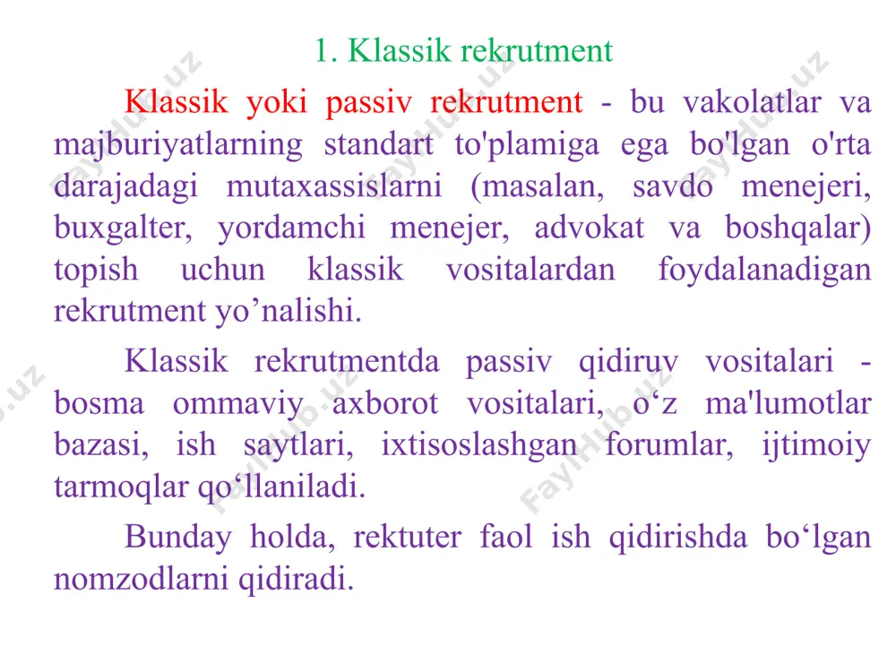 yo‘nalishidir. to‘g'ridan-to‘g'ri qidiruv faol qidiruvda bo‘lgan nomzodlar orasida ham, boshqa kompaniyalarda muvaffaqiyatli ishlayotganlar orasida ham amalga oshiriladi. 2. to‘g'ridan-to‘g'ri qidirish va xedxanting. to‘g'ridan-to‘g'ri qidirishning asosiy vositalari: ochiq manbalar, tavsiyalar, rekruting agentligida dastlabki tanlovdan o‘tgan top menejerlarning shaxsiy ma'lumotlar bazasi. shuni ta'kidlash kerakki, qimmatbaho mutaxassislar, qoidaga ko‘ra o‘zlarining rezyumelarini ochiq manbalarga joylashtirmaydilar. executive search uchun mehnat harajatlari klassik rekrutmentga qaraganda 3 baravar yuqori, chunki talab qilinadigan mutaxassislar ish izlamaydilar, o‘zlari haqida ma'lumotni nashr qilmaydilar va reklamalarga javob bermaydilar. natijada, to‘g'ri nomzodlarni qidirish va saralash kamida 2-6 oyni, ba'zi hollarda taxminan 1 yilni oladi. to‘g'ridan-to‘g'ri qidirish natijasida topilgan xodim uchun kafolatli yordam - kamida 6 oy. to‘g'ridan-to‘g'ri qidirish qiymati mutaxassisning yillik daromadining 15-20 foizini yoki uning yillik ish haqining 30-35 foizini tashkil etadi. qoidaga ko‘ra, xizmatlar uchun to‘lov ikki bosqichda amalga oshiriladi - qisman oldindan to‘lov (qaytarib berilmaydi) va qo‘shimcha xarajatlarni to‘lash. nomzodni topish ehtimoli 60% dan ortiq. to‘g'ridan-to‘g'ri qidirish xizmatlari xedxantingni …