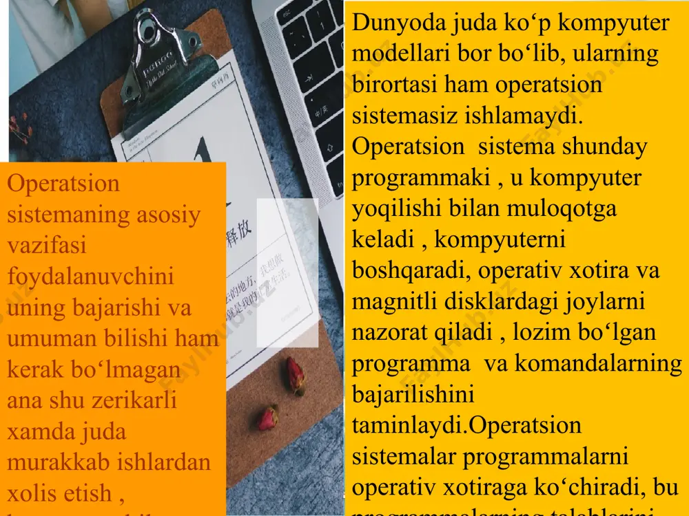 boshlangan va bir nechta grafik qobiqlar yaratilgan. windows 1.0, windows 2.0, windows 3.0, windows 3.1, , windows 3.11… windows operatsion (amaliy) tizimi. microsoft korporatsiyasi tomonidan shaxsiy kompyuterlar uchun taklif qilingan operatsion tizimlar oilasi. windows tizimi ko‘pmasalali va ko‘poqimli bo‘lib, qulay grafik interfeys bilan tavsiflanadi, virtual xotiraning boshqaruvini taqdim qiladi va ko‘pgina tashqi qurilmalarni qo‘llab-quvvatlaydi. windowsni ishlatib, foydalanuvchi birdaniga bir necha amaliy jarayonlar bilan samarali ishlash imkoniyatiga ega bo‘ladi. dunyoda 90% ga yaqin kompyuterlar windows operatsion tizimi boshqaruvida ishlaydi. windows operatsion (amaliy) tizimi. 1985 windows 1.0 1987 windows 2.0 1990 windows 3.0 1992 windows 3.1 1993 windows nt 3.1 1994 windows nt 3.5 1995 windows 95 1996 windows nt 4.0 1998 windows 98 2000 windows 2000 windows millennium edition 2001 windows xp 2003 windows server 2003 2007 windows vista 1995 yil sentyabrda ibm pc kompyuterlari uchun birinchi grafik operatsion tizim windows 95 ishlab chiqildi. windows operatsion tizimlarining barcha keyingi versiyalari (98, …