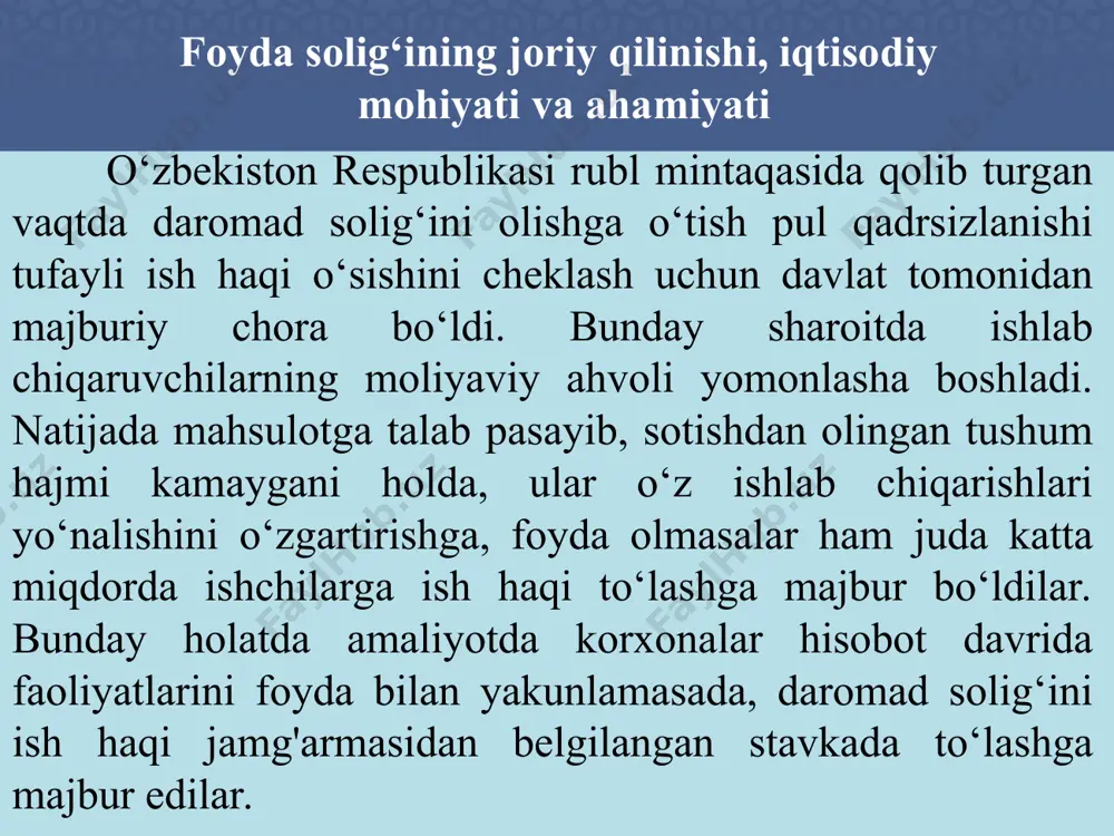 slari; - haqiqatdagi boshqaruv joyi o’zbekiston respublikasi bo’lgan chet el yuridik shaxslari, agar o’zbekiston respublikasining soliq masalalari bo’yicha xalqaro shartnomasida boshqacha qoida nazarda tutilmagan bo’lsa. soliq to‘lovchilar tarkibi, soliq obyekti va soliq bazasi o’zbekiston respublikasining soliq rezidentlari bo’lmagan yuridik shaxslar o’zbekiston respublikasining norezidentlari deb e’tirof etiladi. o‘zbekiston respublikasi rezidenti bo‘lgan yuridik shaxslar o‘zbekistonda va undan tashqaridagi faoliyatdan olgan daromadlaridan foyda solig‘iga tortiladilar. rezidentlar doimiy faoliyat ko‘rsatuvchilar bo‘lsa, norezidentlar faoliyati respublikada vaqtinchalik xarakterga ega bo‘ladi. soliq to‘lovchilar tarkibi, soliq obyekti va soliq bazasi soliq kodeksining 295-moddasiga muvofiq soliq to’lovchi tomonidan olingan foyda foyda solig’i bo’yicha soliq solish ob’ekti hisoblanadi. soliq kodeksining 296-moddasiga muvofiq soliq solinishi lozim bo’lgan foyda summasi soliq bazasi hisoblanadi. soliq bazasini belgilangan tartibda va shartlarda aniqlashda soliq to’lovchi daromadlarining va (yoki) xarajatlarining (zararlarining) ayrim turlari maxsus qoidalar bo’yicha inobatga olinishi yoki inobatga olinmasligi mumkin. soliq to‘lovchilar tarkibi, soliq obyekti va soliq bazasi soliq to’lovchi foydani va zararni hisobga …