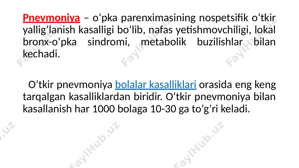`shilgan, mono- yoki polisegmentar, kruppoz, interstitsial og`irlik darajasiga ko`ra– o`rta og`ir va og`ir • kechishi – o`tkir (6 haftagacha) yoki cho`ziluvchan (6 haftadan ko`p) klinikasi intoksikatsion sindrom - 3 kundan ko'proq vaqt davomida febrill harorat 38 ° c dan yuqori, toksikoz (ishtahaning yo'qligi, holsizlik, adinamiya yoki qo'zg'alish, uyquning buzilishi, charchoq, rangparlik, taxikardiya). • respirator sindrom - yo'tal; dastlab quruq, samarasiz bo'lib, infiltrat o'pkada so`rilishi natijasida yo'tal shilliq yoki shilliq yiringli balg'am bilan almashinadi. belgiari pnevmoniyaning klinik belgilari: isitma, yo'tal, o'pkada fizikal o'zgarishlar, nafas yetishmovchiligi. rentgenologik: o`pkada infiltrativ o`zgarishlar laborator: gemogrammada o`tkir yallig'lanishli o'zgarishlar mavjudligi. paypaslash umumiy qon tahlil perkussiya o’pka rentgenogrfiya auskultatsiya tekshirish usuli obektiv klinik labarator perkussiya: o'pkada infiltrat ustida qisqargan perkutor tovush auskultatsiya: - o'pkada infiltrat ustida dag`al, bronxial yoki susaygan nafas umumiy qon taxlilida:neytrofilli leykotsitoz 12-15 × 109 / l dan yuqori, leykotsitar formulani chapga siljishi xlamidial pnevmoniyada yuqori leykotsitoz 30-40 × 109 / l va undan …