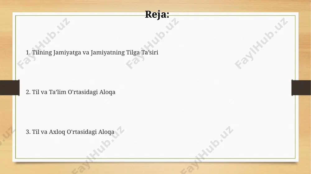 shakllanishiga sezilarli ta'sir ko'rsatadi. til orqali ifodalanadigan 5 ta asosiy axloqiy tamoyil – halollik, adolat, mehr-oqibat, hurmat va mas'uliyat – buxoro shahridagi tarixiy an'analar bilan chambarchas bog'liqdir. jamiyatning tilga ta'siri 1990-yillardan keyin mustaqil oʻzbekistonda milliy gʻoya va qadriyatlarning kuchayishi, tilga milliy madaniyatga xos boʻlgan yangi soʻzlarni va iboralarni qoʻshdi. oʻzbekistonning 2000-yillardan keyingi davrida, 50 dan ortiq yangi soʻz va terminlarning jamiyat ehtiyojlari asosida tilga kirishi kuzatildi, jumladan, internet va texnologiya sohalaridan. toshkent shahrida oʻtkazilgan sotsiolingvistik tadqiqotlar, 70% dan ortiq yoshlarning sheva va slanglardan foydalanishini, bu esa rasmiy tilga ta'sirini koʻrsatdi. e'tiboringiz uchun rahmat @taqdimot_robot image3.png image4.png