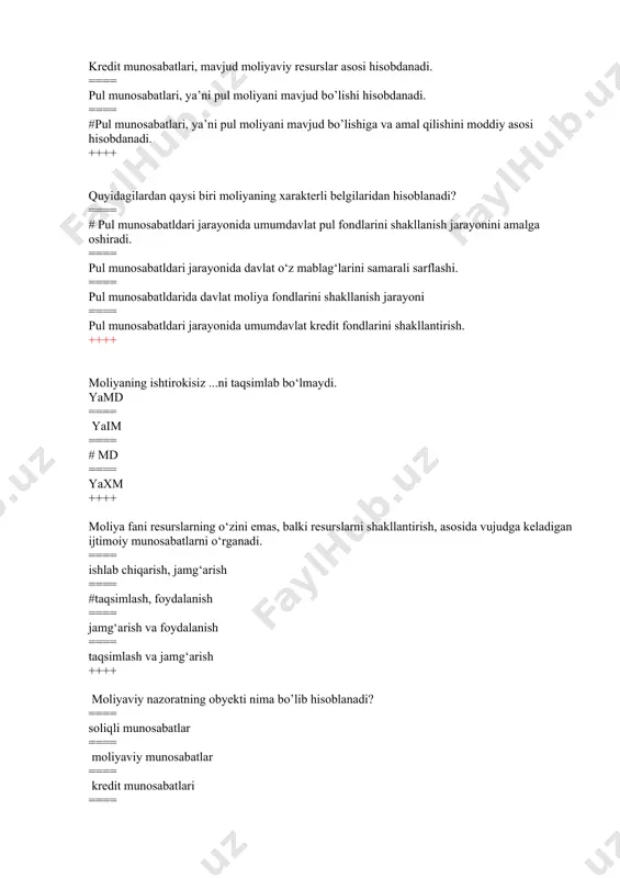 6ta ++++ bu yaim va milliy daromadni taqsimlash va qayta taqsimlash natijasida xo‘jalik yurituvchi sub’ektrlar va davlatning qo‘lidagi u yoki bu vaqtda bo‘lgan pul daromadlari va jamg‘armalari yig‘indisidir ==== davlat boshqarkuvining moliyaviy resurslari ==== davlat moliyasini boshqarish va nazorat ==== #davlat moliyaviy resurslari ==== iqtisodiy-moliyaviy resurslarni taqsimlash ++++ moliyaviy siyosatning uzoq muddatli yo‘nalishi bo‘lib, mamlakat ijtimoiy – iqtisodiy rivojlanishining belgilangan strategiyasini keng ko‘lamdagi masalalarini oldindan tuzilgan reja asosida hal etish va ularni rivojlantirishga mo‘ljallangan bo‘ladi. ==== #moliyaviy strategiya ==== pul-kredit siyosati ==== moliyaviy tashqi siyosat ==== moliyaviy oqim taktikasi ++++ moliya strategiyasi vazifalarining ko‘lami va davriyligiga ko‘ra qanday bo‘lishi mumkin? ==== asosiy, qushimcha va operativ ==== # asosiy, operativ ==== qushimcha va operativ ==== qushimcha va asosiy ++++ moliya ko‘rsatkichlarining ham prognoz, ham rejali hisob-kitoblari turli xil uslublardan foydalanishga asoslanadi va ularning eng muhimlari qo‘yidagilar qaysi biri? ==== axborotlashgan modellashtirish uslubi ==== passiv modellashtirish uslubi ==== # ekstropolyatsiya uslubi ==== …