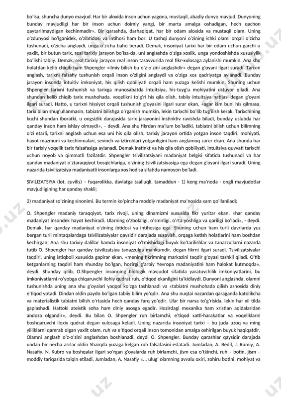 , k. yaspers, k. popper va boshqalar beqiyos hissa qo’shdilar. anglo-frantsuz tarix falsafasi keyingi yuz yilliklarda jahon tarixini o’rganish, uni tadqiq etishda tsivilizatsiyaviy yovdashuv tendentsiyasi ustuvorlik qilmoqda. bu osvald shpengler falsafasining arnold toynbi tomonidan davom ettirilganligi va lokal tsivilizatsiya nazariyasi mumtoz shaklining vujudga kelganligi bilan belgilanadi. darhaqiqat, toynbi «mashhur tsivilizatsiyalar soni unchalik ham katta emas, bizga faqat yigirma bitta tsivilizatsiyaga bo’lish mumkin bo’ldi. biroq ularni davom ettirish mumkin. turli xalqlar, davrlar va mamlakatlarda o’ziga xos turli rivojlanish hodisalari yuz bergan. biroq har tomonlama mustaqil va jiddiy tsivilizatsiyalar soni o’ndan ortmaydi», – deydi. toynbi shunday qilib yigirma bir tsivilizatsiya hodisasini e’tirof etadi. ular qatoriga arab, xitoy, shumer, mayam, hind, ellin, g'arb, xristian (rossiya), uzoq sharq (koreya va yaponiya), eron, misr, arab, meksika, vavilon va boshqa tsivilizatsiyalar kiradi. frantsuz falsafasining yirik namoyandalaridan biri reymon arondir. u milliy tarix falsafasiga ratsionalistik yo’nalishning yorqin namoyandasi sifatida faoliyat ko’rsatdi. uning tarixni o’rganish va tarixiy tafakkur …