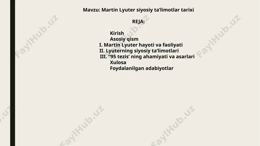 im protestantlikning birinchi shakli bo‘lib, rim-katolik cherkovidan farqli ravishda insonning najoti faqat imon orqali bo‘lishini ta’kidladi. 5 asosiy g‘oyalari inson najoti faqat imon orqali bo‘ladi, cherkov amallari orqali emas. har bir xristian injilni o‘qib, uni mustaqil tushunishi mumkin, ruhoniylar vositachiligi shart emas. cherkov moddiy boylikka emas, ruhiy qadriyatlarga e’tibor qaratishi kerak. inson najoti faqat imon orqali bo‘ladi, cherkov amallari orqali emas. har bir xristian injilni o‘qib, uni mustaqil tushunishi mumkin, ruhoniylar vositachiligi shart emas. cherkov moddiy boylikka emas, ruhiy qadriyatlarga e’tibor qaratishi kerak. vafoti martin luther 1546-yil 18-fevralda o‘zining tug‘ilgan shahri eyslebenda vafot etdi. u o‘z hayoti davomida katta qarshiliklarga duch kelgan bo‘lsa-da, o‘z qarashlaridan voz kechmadi va xristianlik tarixida chuqur iz qoldirdi. martin luther university of halle-wittenberg manzil: germaniya, halle va vittenberg shaharlari. tashkil topishi: 1817-yilda halle universiteti va vittenberg universitetining birlashishi natijasida tashkil etilgan. nomlanishi: martin lutherning vittenberg shahrida olib borgan faoliyati va uning ilmiy merosini e’tirof etish …