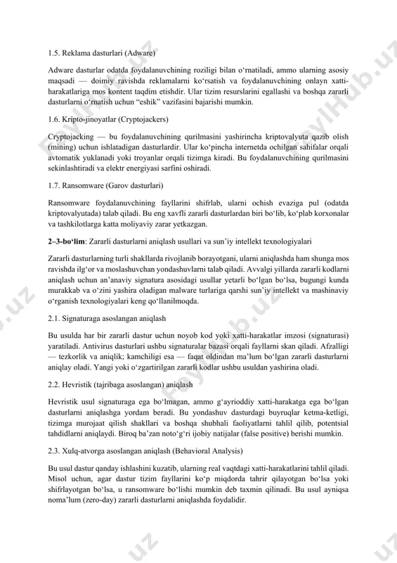 viruslari viruslar — bu o‘zini boshqa fayllarga qo‘shib oladigan va ko‘payish xususiyatiga ega dasturiy kodlardir. ular odatda foydalanuvchi biror infeksiyalangan faylni ishga tushirganida faollashadi. viruslar kompyuter tizimini sekinlashtirishi, fayllarni o‘chirishi yoki buzishi, operatsion tizimga zarar yetkazishi mumkin. 1.2. troyan dasturlar (trojans) troyanlar o‘zini foydali dastur sifatida ko‘rsatib, foydalanuvchini aldash yo‘li bilan tizimga o‘rnatiladi. biroq ular orqa fonda zararli faoliyat olib boradi: maxfiy ma’lumotlarni yig‘adi, tizimga tashqi boshqaruv imkonini yaratadi yoki boshqa zararli kodlarni yuklab oladi. ular odatda bank ma’lumotlari yoki login-parol kabi sezgir axborotlarni nishonga oladi. 1.3. chivinlar (worms) chivin dasturlar viruslarga o‘xshash, ammo o‘zini boshqa fayllarga qo‘shmasdan mustaqil ko‘payish xususiyatiga ega. ular tarmoq orqali tarqaladi va bir nechta kompyuterlarda o‘zini avtomatik tarzda nusxalaydi. bunday dasturlar tarmoq trafigini haddan ziyod yuklab, xizmat ko‘rsatish rad etilishi (dos) holatlariga olib keladi. 1.4. josuslik dasturlari (spyware) josuslik dasturlari foydalanuvchining xatti-harakatlarini kuzatish, klaviatura kiritmalarini (keylogger), brauzer tarixi va shaxsiy ma’lumotlarni yig‘ish uchun mo‘ljallangan. ular …