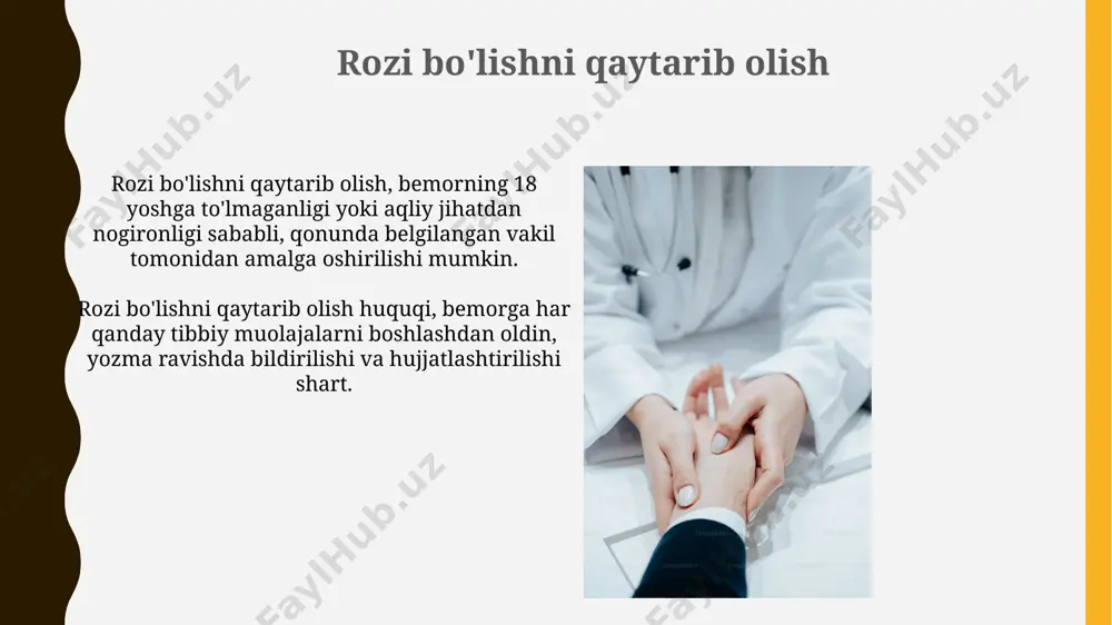 etilishi kerak, bu jarayon 3 ish kuni ichida hal bo'lishi mumkin. bemor 18 yoshga to'lmagan bo'lsa, uning rozi bo'lish huquqini ota-onasi yoki vasiysi bekor qilishi mumkin, lekin faqat sud qarori bilan. muolajalarga rozilikning ahamiyati malakali tibbiy xodimlar tomonidan 70% dan ortiq holatlarda noto'g'ri tashxis qo'yilishiga yoki davolanishiga yo'l qo'ymaslik uchun axborotli rozilik muhim ahamiyatga ega. bemorning xabardor roziligi, davolanish natijalarini yaxshilash va 90% gacha shifokor-bemor munosabatlarini yaxshilashga olib keladi, bu esa bemorning sog'ayishiga yordam beradi. vakillik va rozilik beruvchilar aqliy nogironligi bo‘lgan shaxslar uchun vasiy yoki qonuniy vakil ularning nomidan tibbiy muolajalarga rozilik berishi mumkin, bu holatda sudning qarori talab qilinishi mumkin. vakillik beruvchilar bemorning tibbiy muolajalarga roziligini berish huquqiga ega bo‘lishlari uchun, ularning vakolatlari 2-3 guvohning ishtiroki bilan rasmiylashtirilishi kerak. e'tiboringiz uchun rahmat @taqdimot_robot image1.jpg image2.jpg image3.jpg image4.jpg image5.jpg image6.jpg image7.jpg image8.jpg image9.jpg image10.jpg image11.jpg image12.jpg image13.jpg image14.jpg image15.jpg image16.jpg image17.jpg
