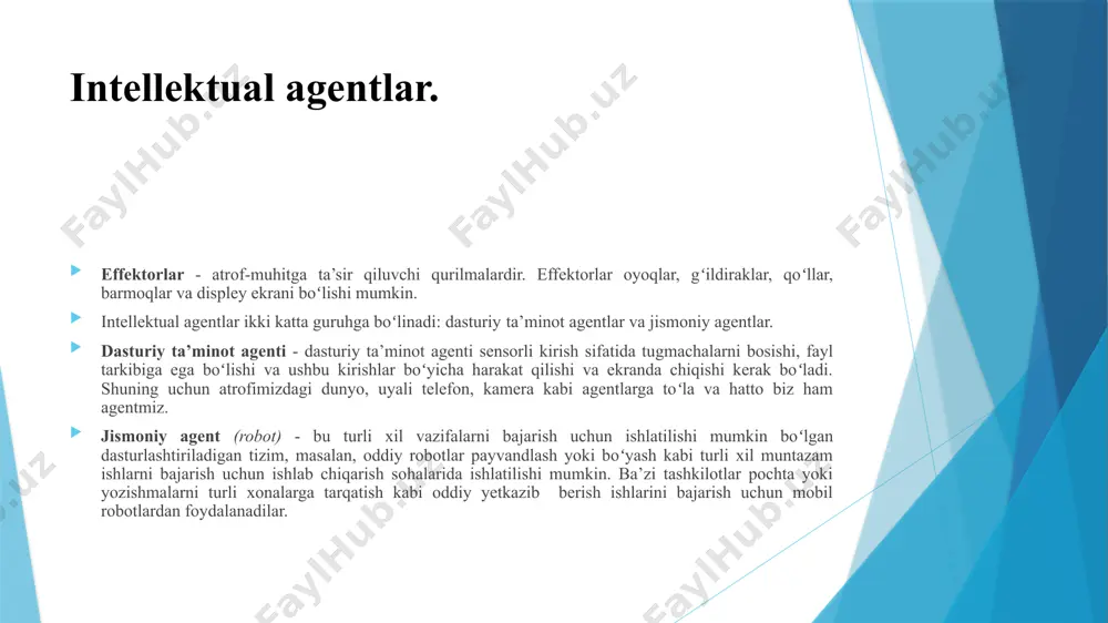 gan dunyodagi barcha narsalar hisoblanadi, lekin u agentning oʻzi emas. atrof-muhitni agent mavjud boʻlgan vaziyat deb ta’riflash mumkin. atrof-muhit agent yashaydigan, faoliyat yuritadigan va agentga uni his qilish va unga amal qilish uchun biror maʼlumot beradigan joy. atrof-muhitning xususiyatlari. rassell va norvigga fikriga koʻra, atrof-muhit agenti turli xil xususiyatlarga ega boʻlishi mumkin: toʻliq kuzatiladigan va qisman kuzatiladigan muhit. agar agent sensori vaqtning har bir nuqtasida atrof-muhitning toʻliq holatini sezsa yoki unga kira olsa, u toʻliq kuzatiladigan muhitdir, aks holda u qisman kuzatiladi. toʻliq kuzatiladigan muhit oson, chunki dunyo tarixini kuzatib borish uchun ichki holatni saqlashga hojat yoʻq. barcha muhitda sensori boʻlmagan agent muhiti kuzatilmaydigan deb ataladi. intellektual agent turlari deterministik va stoxastik agent. agar agentning hozirgi holati va tanlangan harakati atrof-muhitning keyingi holatini toʻliq aniqlay olsa, unda bunday muhit deterministik muhit deb ataladi. stoxastik muhit tabiatda tasodifiy boʻlib, uni agent tomonidan toʻliq aniqlash mumkin emas. deterministik, toʻliq kuzatiladigan muhitda agent …