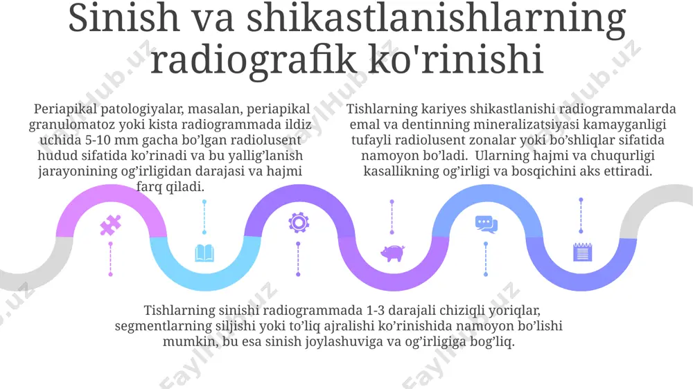 ‘p kanal bo‘lishi mumkin, bu esa radiografik tasvirda aniqlanadi. ildiz kanallarining kengligi va uzunligi, shuningdek, ularning egriligi radiografik tekshiruvda aniqlanadi va endodontik davolash rejasini tuzishda muhim rol o‘ynaydi. radiatsion xavfsizlik rentgen apparati muntazam ravishda tekshiruvdan o'tkazilib, texnik jihatdan mukammal holatda bo'lishi va xavfsizlik standartlariga javob berishi zarur. shifokor va bemor rentgen nurlanishidan himoya qilish vositalaridan (qoplama, apron) foydalanishi, nurlanish vaqti minimal darajada bo'lishi shart. shifokor va bemor rentgen nurlanishidan himoya qilish vositalaridan (qoplama, apron) foydalanishi, nurlanish vaqti minimal darajada bo'lishi shart. tishlarning radiografik anatomiyasi: umumiy nuqtai periapikal radiografiya tishlarning ildiz kanallarining soni va morfologiyasini, shuningdek, 1 dan 5 mm gacha bo'lgan periapikal patologiyalarni aniqlash imkonini beradi. tishlarning radiografik tasvirlarida 13 ta individual anatomik tuzilmalar, shu jumladan, emal, dentin, pulpa va periodont bo'shlig'i aniqlanishi mumkin. radiografik tekshiruvda tishlarning 20 ta sut tishlari va 32 ta doimiy tishining o'ziga xos shakli va o'lchamlarini aniqlash mumkin. o'smalarning radiografik ko'rinishi ortodontik davolashdan keyin, tishning …