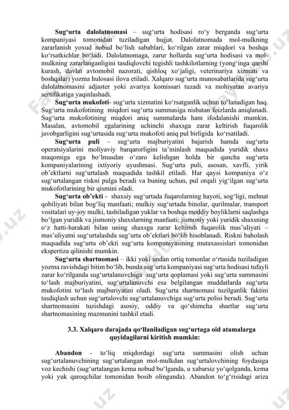 larni joylashtirish sug‘urta vositachilari orqali sug‘urta bozorida amalga oshiriladi; 2) sug‘urta brokeri yordamida bir vaqtning o‘zida yirik va xavfli risklarni qismlarga bo‘lib bir nechta sug‘urta kompaniyasida sug‘urtalash uslubi. bir qancha sug‘urta kompaniyalari tarkibidan bittasi etakchi sifatida ajralib chiqadi va u sug‘urta shartnomasidagi shartlarni ma’qullab, riskning tegishli qismini o‘z javobgarligiga oladi. keyin, broker boshqa sug‘urta kompaniyalariga murojaat qilib, riskning qolgan qismini ham joylashtiradi. sug‘urta - har xil noxush hodisalar ro‘y berishi natijasida ko‘rilgan zararni qoplash hamda fuqarolarning hayotida tegishli sug‘urta hodisalari ro‘y berganda ularga moddiy yordam ko‘rsatish maqsadida tashkil etiladigan va undan foydalanish bilan bog‘liq (maqsadli pul fondlari) iqtisodiy munosabatlar yig‘indisi. o‘tkazish shartiga qarab, sug‘urta majburiy va ixtiyoriy bo‘ladi. ob’ektiga ko‘ra, mulkiy, shaxsiy va javobgarlik sug‘urtasiga bo‘linadi. sug‘urtaning asosini risk tashkil etadi. sug‘urta - bu riskni taqsimlash usulidir. 3.2. sug‘urta fondidan foydalanish bilan bog‘liq atamalarga quyidagilar kiradi: bosh polis- sug‘urta kompaniyasi va sug‘urtalanuvchi o‘rtasidagi yozma bitim. bu bitimga muvofiq, tegishli davr …