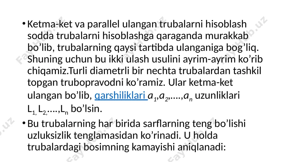 osiy trubadagi sarfdan iborat bo’ladi: q=q1+q2+q3. har bir tarmoq uchun bernulli tenglamasini quydagicha yozish mumkin: .bu tenglamalarda p1, p2, p3 larni atmasfera bosimiga teng desak va ekanini hisobga olsak, 1,2,3 trubalar uchun formuladan foydalanib quydagini yozami yoki ha-z1=h1 ekanligi hisobga olib va z2-z1=z1-2, z3-z1=z1-3 belgilashni kiritib, oxirgi tengliklarni o’zgartiramiz: h1=a1q h1=z1-2=a2q , h1=z1-3=a3q . naychalar deb, idish devoridagi teshikka o’rnatilgan kalta trubalarga aytiladi. ulardan sarfni ko’paytirishda yoki ixcham oqimchalar olishda foydalaniladi. ko’p hollarda idish devori qalin bo’lib, u parma bilan teshilganda naycha shaklida teshik paydo bo’ladi. silindrik naychalardan oqayotgan suyuqlik kirishda devordan ajraladi va torayadi bu hodisa xuddi yupqa devordagi teshikdan oqish holidagi kabi bo’ladi. lekin bu torayish to’xtab, toraygan oqimcha bilan naycha devori orasida uyurmali harakat vujudga kelganligi sababli kengayish boshlanadi va oqim naychaning butun kesimini egallab olguncha davom etad. natijada oqimcha naychaning ko’ndalang kesimiga teng kesim bilan chiqib ketadi. bu hodisa naychaning uzunligi l uning diametridan 3…4 marta …
