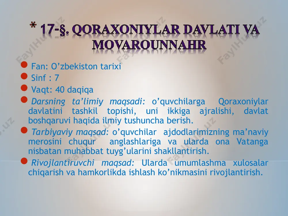 ini bilan davom ettiriladi. 1. nechanchi yilda horun bug’roxon boshliq qoraxoniylar movarounnahrga tomon yurish boshlaydilar? 2. kim 1038-yilda amudaryo bo’yi viloyatlarini g’aznaviylardan tortib oladi? 3. nuh ibn mansur qoraxoniylarga qarshi kurashish uchun kimni yordamga chaqiradi? 4. 1141-yilda bo’lib o’tgan jangda kimlar g’alaba qozondi? 5. sharqiy qoraxoniylar davlatining poytaxti qaysi shahr edi? 6. movarounnahrdagi qoraxoniylar davlatining markazi qaysi shahar edi? krossvord savollari: eniga: 1. movarounnahrdagi qoraxoniylar davlatining asoschisi kim edi? 2. “oliy darajali hukmdor” ma’nosini anglatuvchi atamalardan biri? 3. qoraxoniylar davlatidagi shaharlardan biri? 4. xi-xii asrlarda rivoj topib kuchaygan davlat? bo’yiga: 1. movarounnahrdagi qoraxoniylar davlatining markazi qayer edi? 2. qoraxitoylar davlatining hukmdori? 3. qoraxitoylar qaysi shaharga joylashib olib, qoraxoniylar yurtiga bostirib kiradi? 4. qoraxoniylar davlatida shaharlar kimlar tomonidan boshqarilgan? 4. r 2. g 3. y a 1. b o' r i t e g i n 1. s r t s 2. t a v g’ a ch x o n …