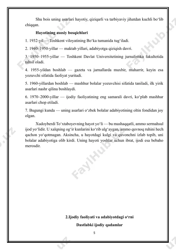o‘zbek bolalar adabiyotining oltin xazinasiga kirgan. u o‘z asarlari bilan nafaqat bolalarni kuldirgan, balki ularni tarbiyalagan, hayot saboqlarini bergan. uning ijodi kelajak avlod uchun ham bebaho meros bo‘lib qoladi. 3.asarlarining mazmuni va qisqacha ifodasi 3.1. “sariq devni minib” bu asar xudoyberdi to‘xtaboyev ijodining eng mashhur namunalaridan biridir. asarda oddiy o‘zbek bolasi — bo‘riboyning orzulari, sarguzashtlari va fantaziyalari aks etgan. bo‘riboyning hayoti oddiy, ammo u juda sho‘x va quvnoq bola. u tasodifan dev bilan tanishib qoladi. sariq dev bo‘riboyning sodiq hamrohi bo‘lib qoladi. ularning birgalikdagi sarguzashtlari davomida bola turli qiyinchiliklarni yengadi, hayotiy saboqlarni oladi. asarda hazil-mutoyiba, xalq og‘zaki ijodidan olingan motivlar va fantastik unsurlar uyg‘unlashgan. yozuvchi bolaning orzulari va fantaziyalarini jonli qilib tasvirlagan. shu bois bu asar bolalar orasida eng ko‘p o‘qiladigan kitoblardan biridir. 3.2. “sehrli qalpoqcha” asar qahramoni kichkina bola — ahmadjon. u tasodifan sehrli qalpoqchaga ega bo‘ladi. qalpoqcha kimning boshiga kiydirilsa, u boshqalar ko‘ziga ko‘rinmay qoladi. avvaliga ahmadjon qalpoqchani …