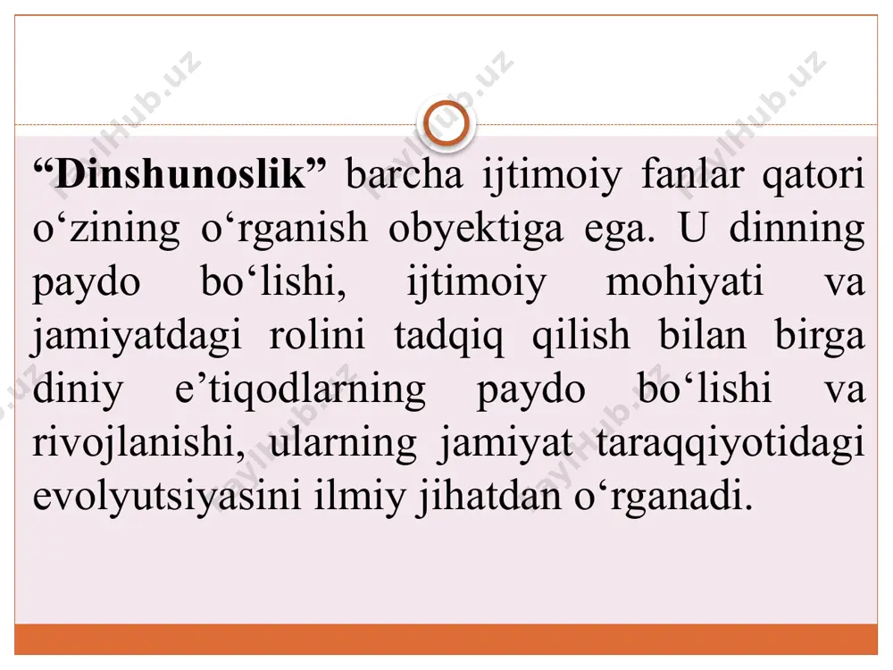 ogiyasi bilan chambarchas bog’liqdir. uning asosi qadimgi miflarga borib taqaladi. dinning paydo bo‘lishi bevosita insoniyatning yaralishi bilan bog‘liq. xudo ilk insonlarni yaratishi bilan ularga o‘zini tanitdi, natijada inson ilk dinga e’tiqod qila boshladi. bunday qarash fanda «teologik yondashuv» deb nomlanadi. bugun mavjud bo‘lgan har qanday din o‘zining tarixini insoniyat yaralishi – ilk inson bilan bog‘lashini ko‘rishimiz mumkin. jumladan, islom dinida – odam va havvo, yahudiylik va xristianlikda – adam va yeva, zardushtiylikda – govmard, sintoiylikda – imperator mikado va boshqalar. mazkur ta’limotlar dinlarning muqaddas manbalarida bayon qilingan . dinlarning kelib chiqishi haqidagi ikkinchi qarash fanda «materialistik yondashuv» deb nomlanadi. mazkur qarashlarning paydo bo‘lishi antik davrga borib taqalib, ilk bor qadimgi yunon faylasuflari qarashlarida aks etgan. xvii asrga kelib yevropada cherkov hokimiyatining susaya boshlashi, hurfikrlilik namoyandalari – din tanqidchilarining paydo bo‘lishi, xix asrning ikkinchi yarmida charlz darvin tomonidan «turlarning kelib chiqishi» (1859-y.) nomli asarning chop etilishiga turtki bo‘ldi. keyinchalik mazkur qarashlar …